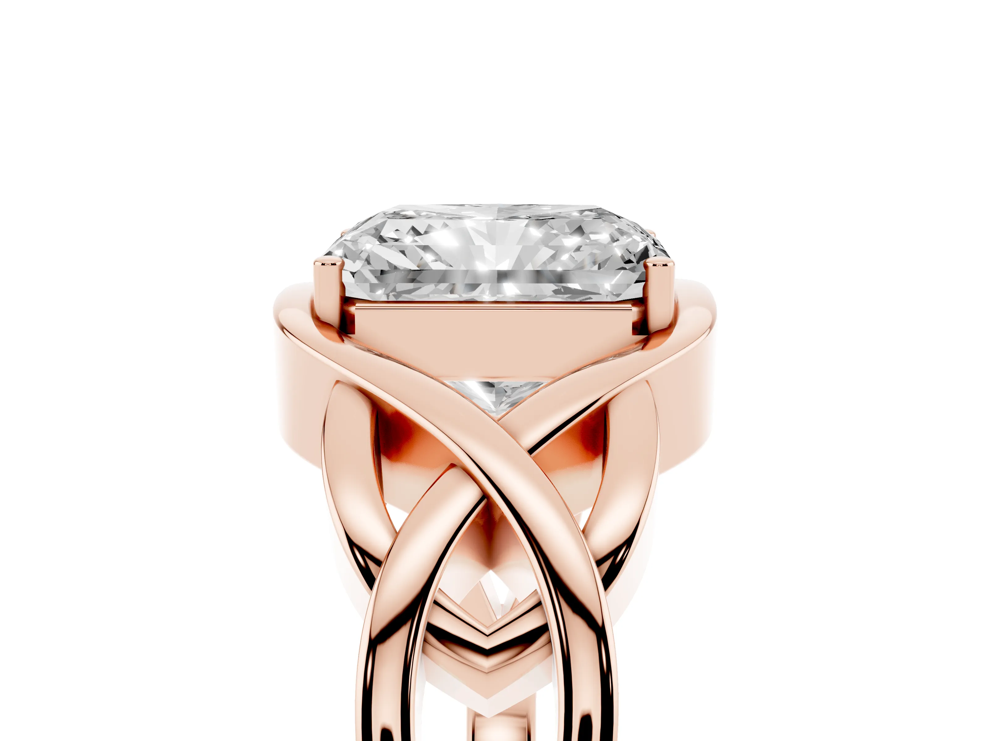 Radiant Cut Diamond Solitaire Ring Set in Rose gold with Intertwined Band
