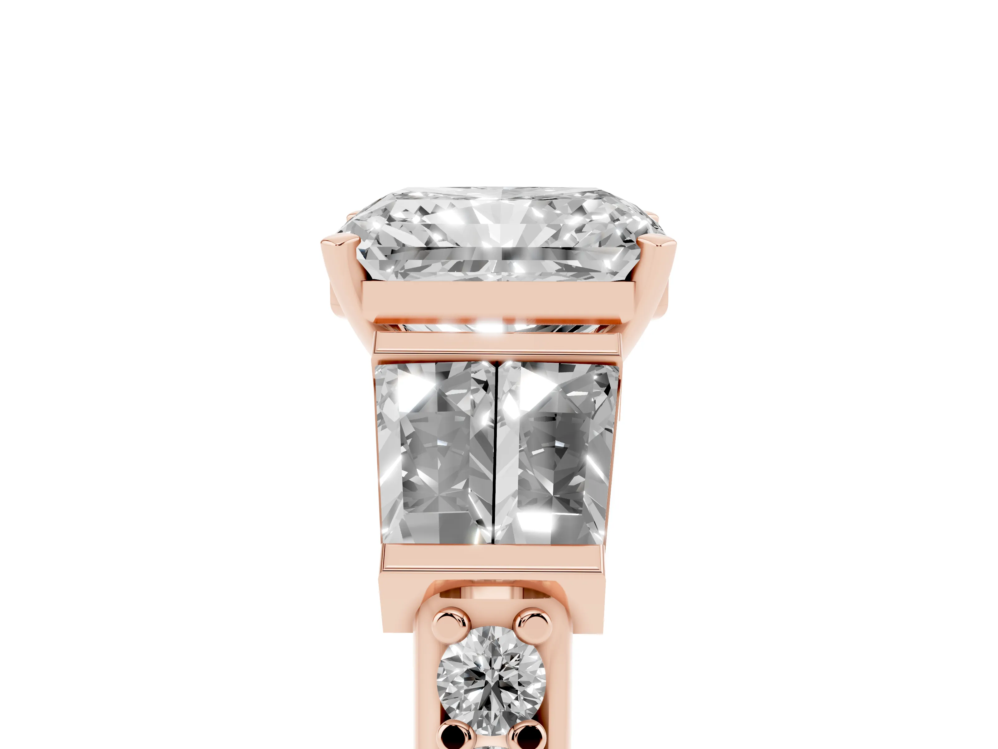 Radiant Cut Diamond Engagement Ring Set in Rose gold with Baguette Side Stones and Channel Set Band
