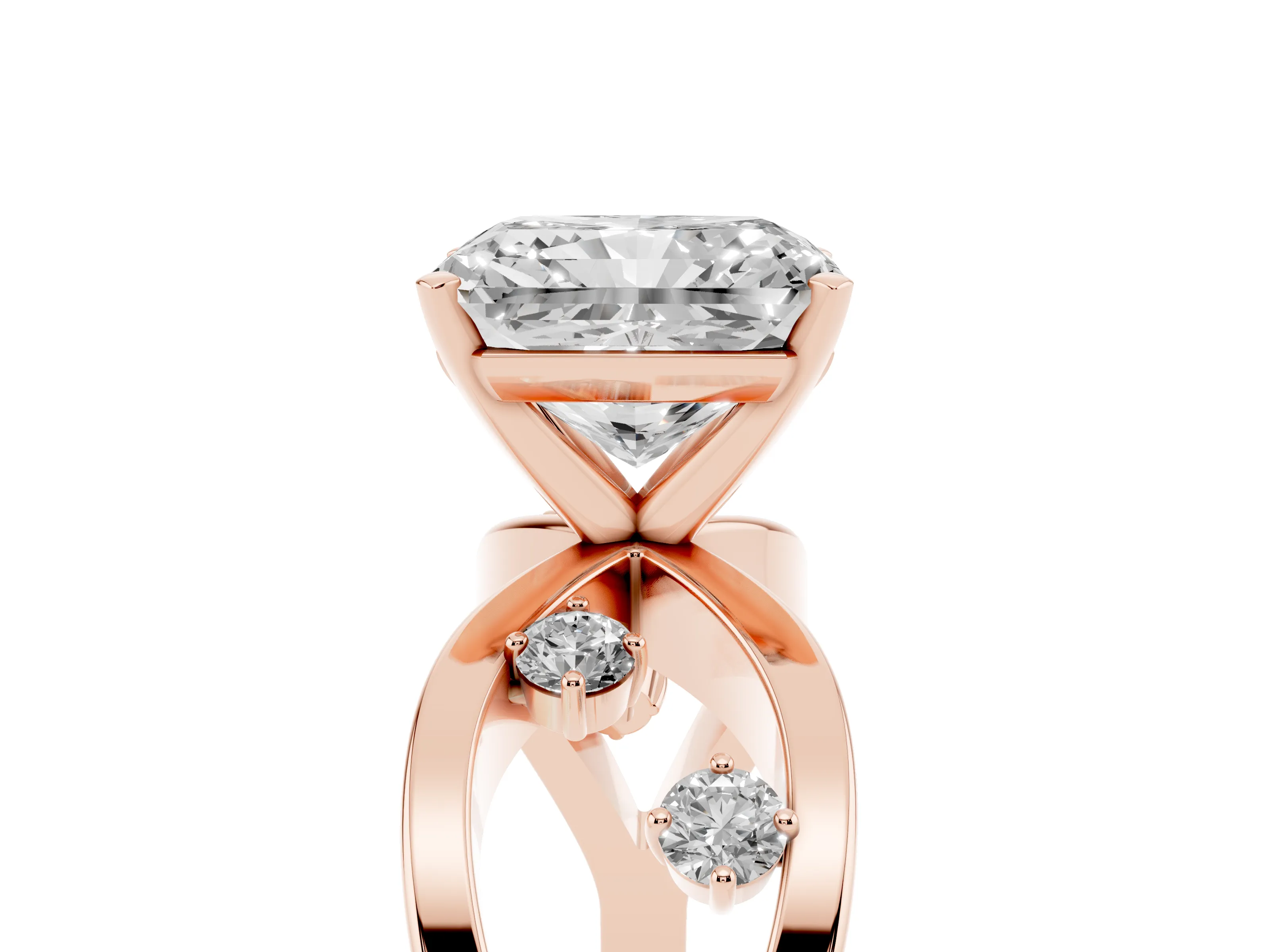 Radiant Cut Diamond Solitaire Ring Set in Rose gold with Side Stones on Criss-Cross Band and Prong Setting