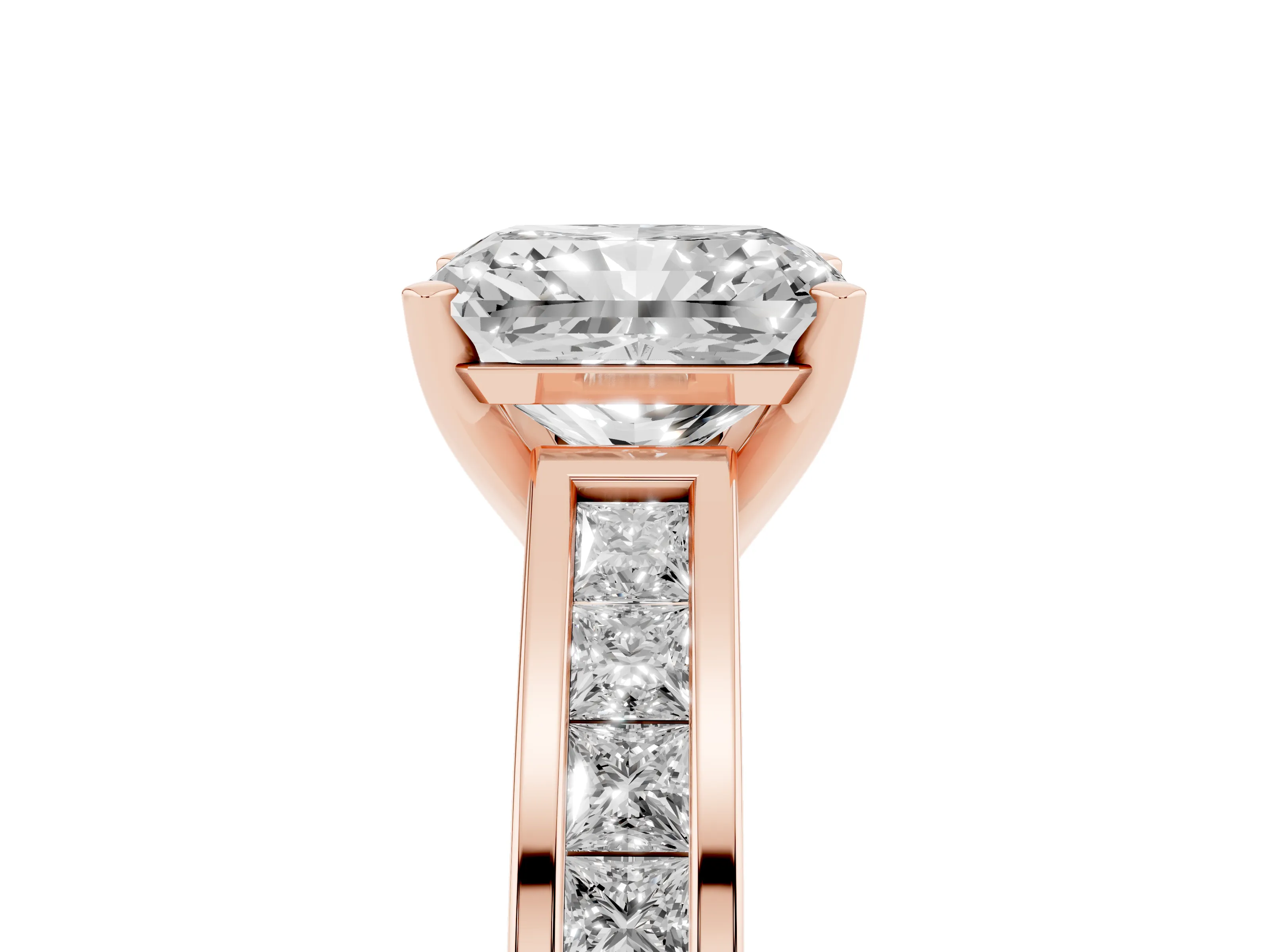 Radiant Cut Diamond Solitaire Ring Set in Rose gold with Channel-Set Band and Prong Setting