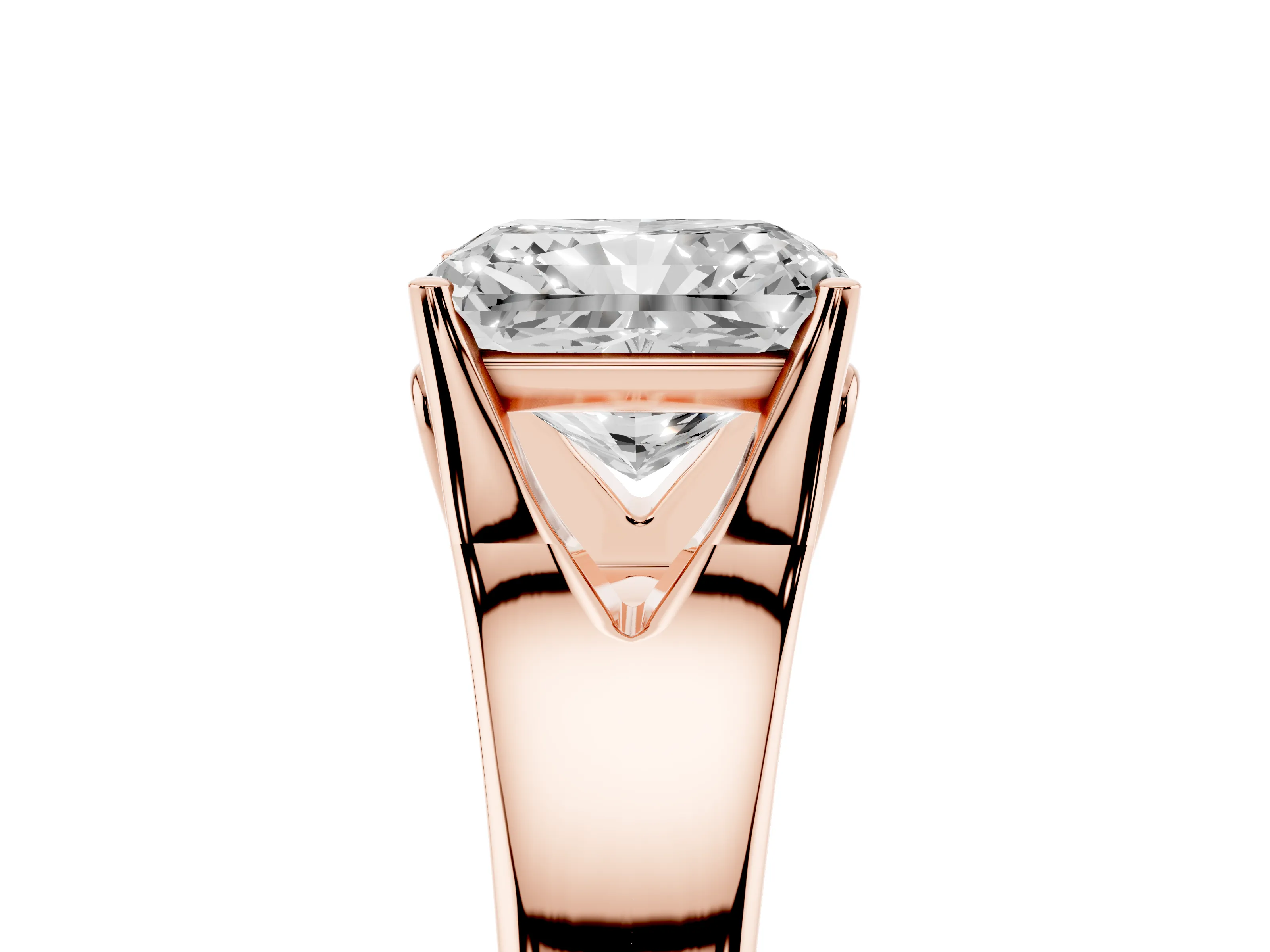Radiant Cut Diamond Solitaire Ring Set in Rose gold with Arched Cathedral Band and Prong Setting