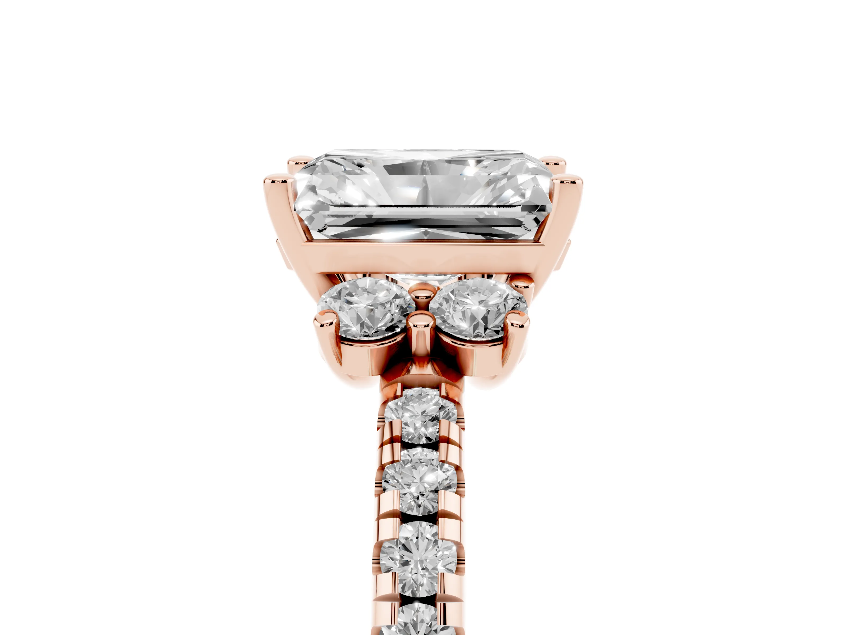Radiant Cut Diamond Three-Stone Pavé Ring Set in Rose gold with Prong Setting