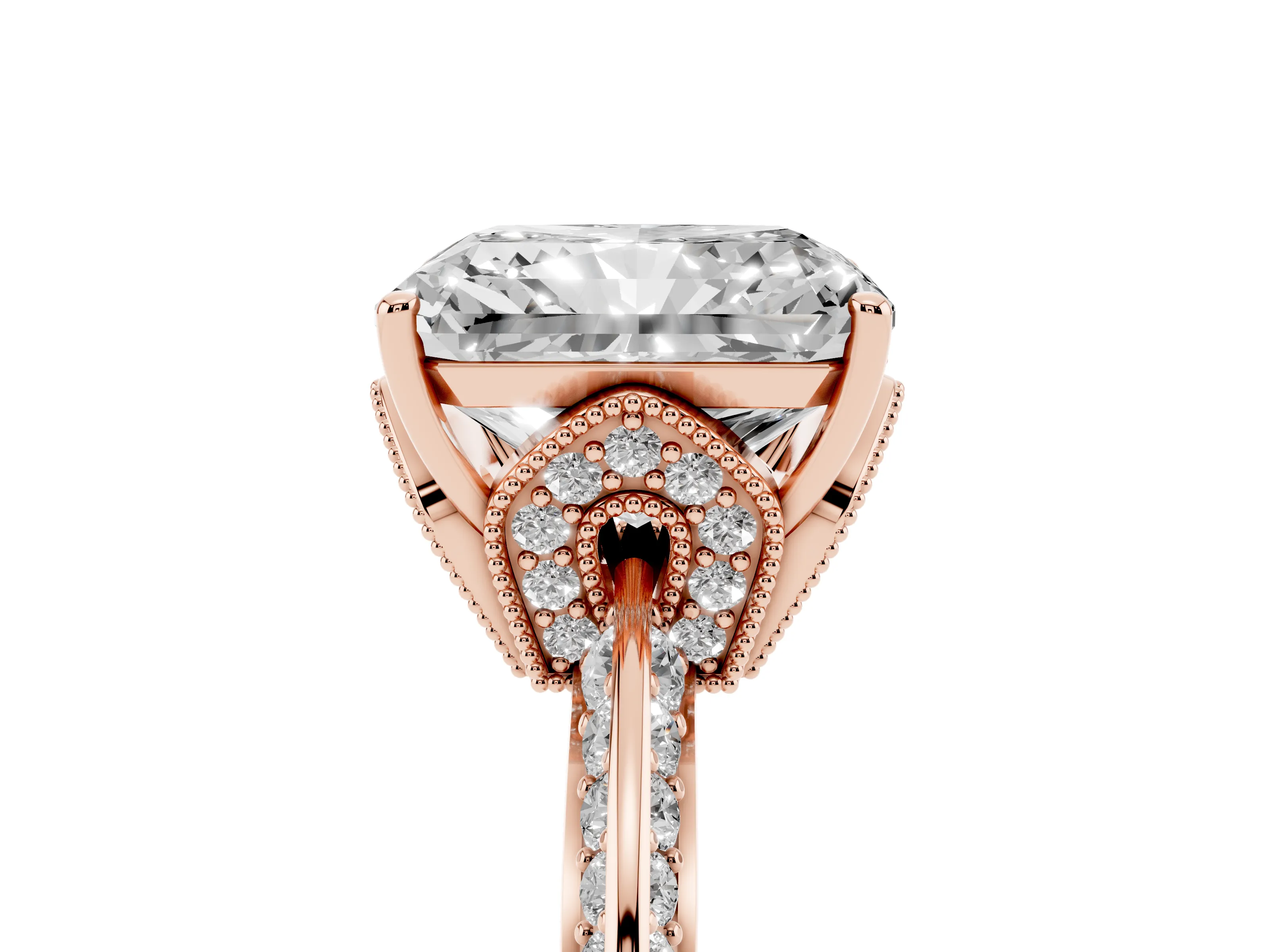 Radiant Cut Diamond Solitaire Engagement Ring Set in Rose gold with Pavé Split Shank and Prong Setting