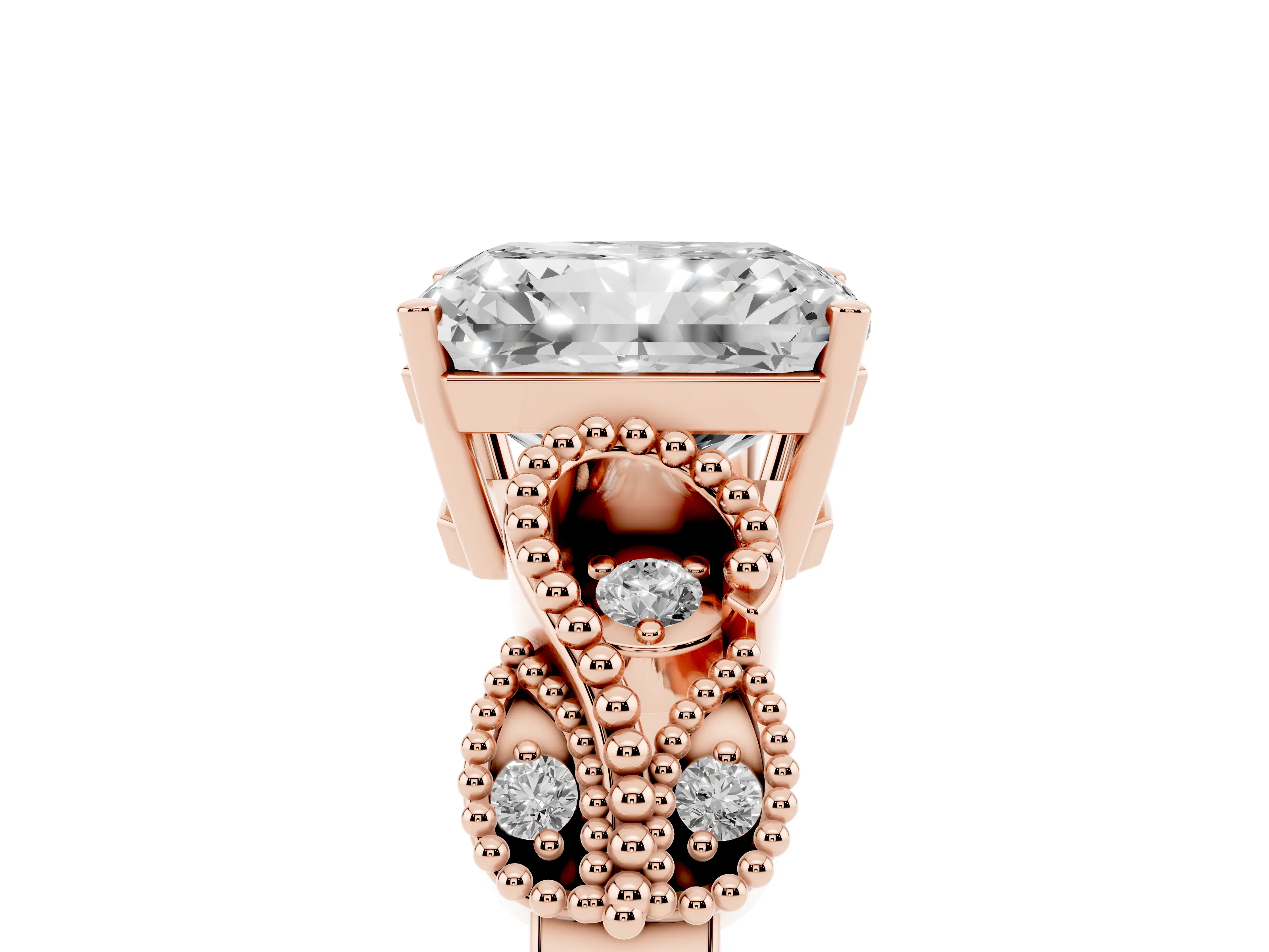 Radiant Cut Diamond Milgrain Leaf Band Solitaire Ring Set in Rose gold with Accent Stones and Prong Setting