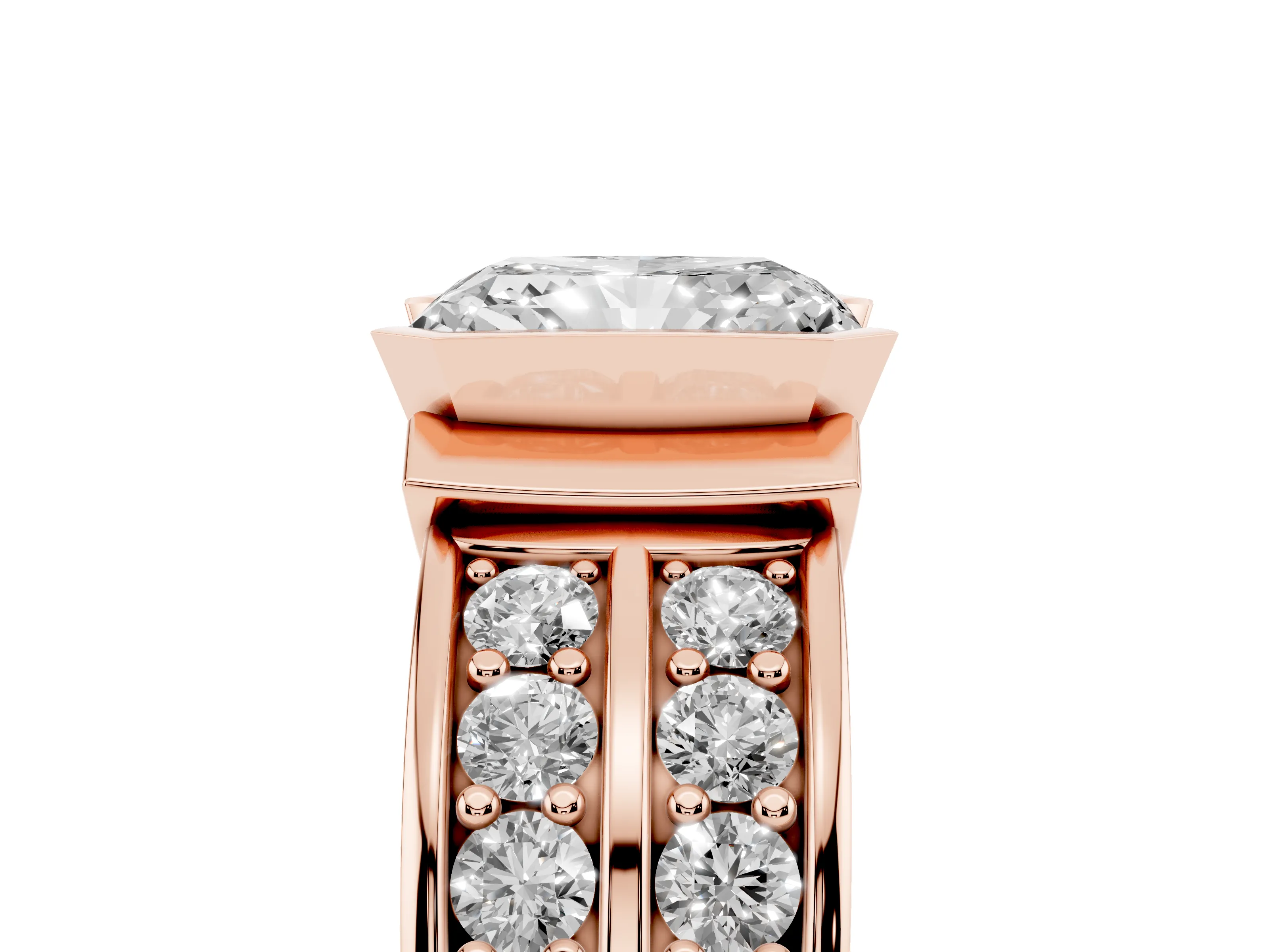 Radiant Cut Diamond Wide Channel Set Band Ring Set in Rose gold with Bezel Setting