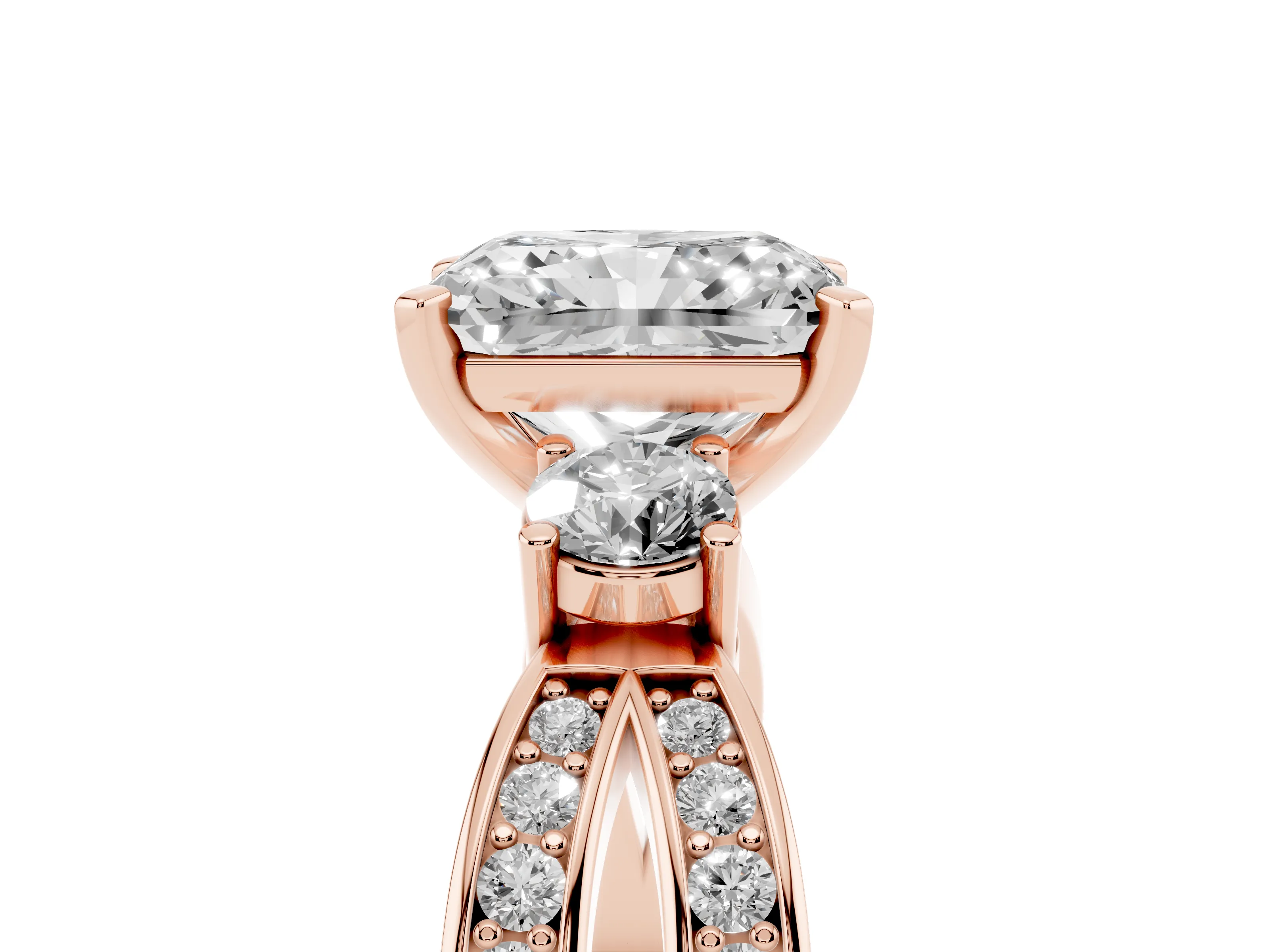 Three-Stone Radiant Cut Diamond Twist Band Ring Set in Rose gold with Pavé Accents and Prong Setting