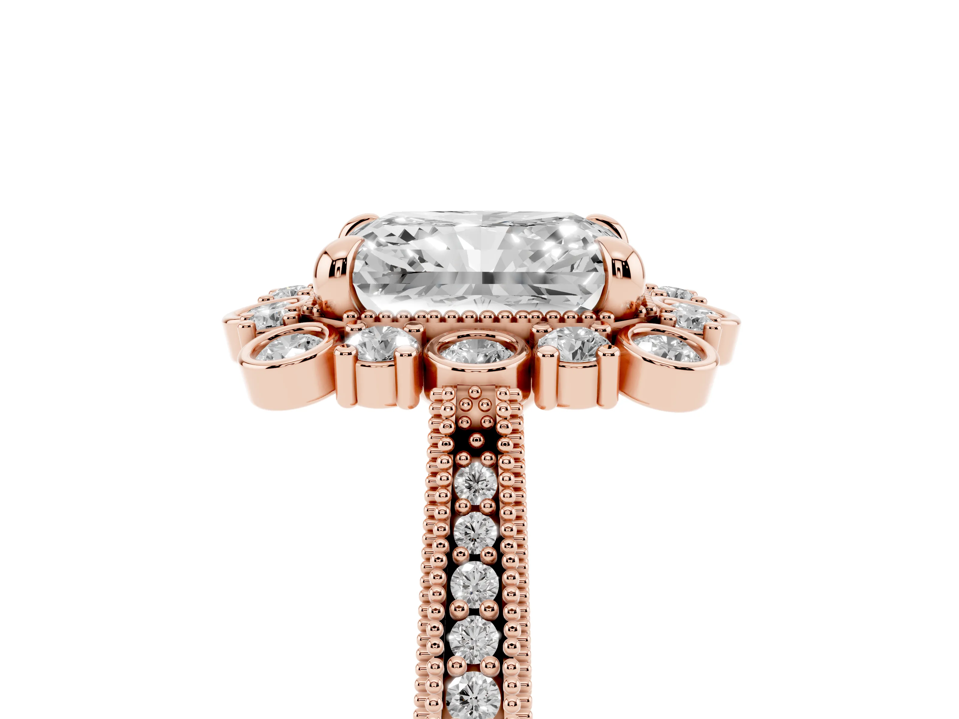 Radiant Cut Diamond Halo Milgrain Pavé Ring Set in Rose gold with Prong Setting