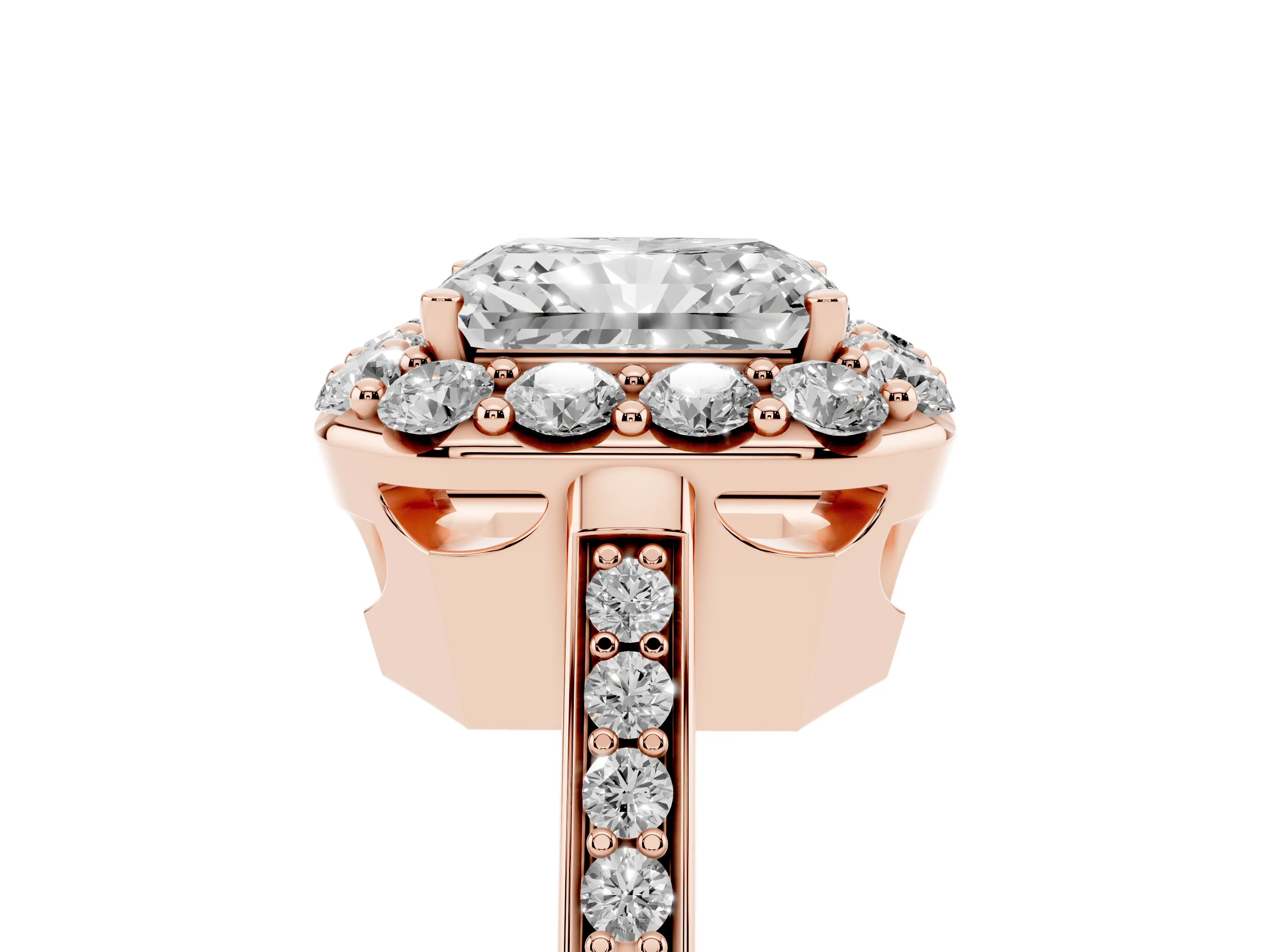 Radiant Cut Diamond Floral Halo Ring Set in Rose gold with Pavé Band and Prong Setting
