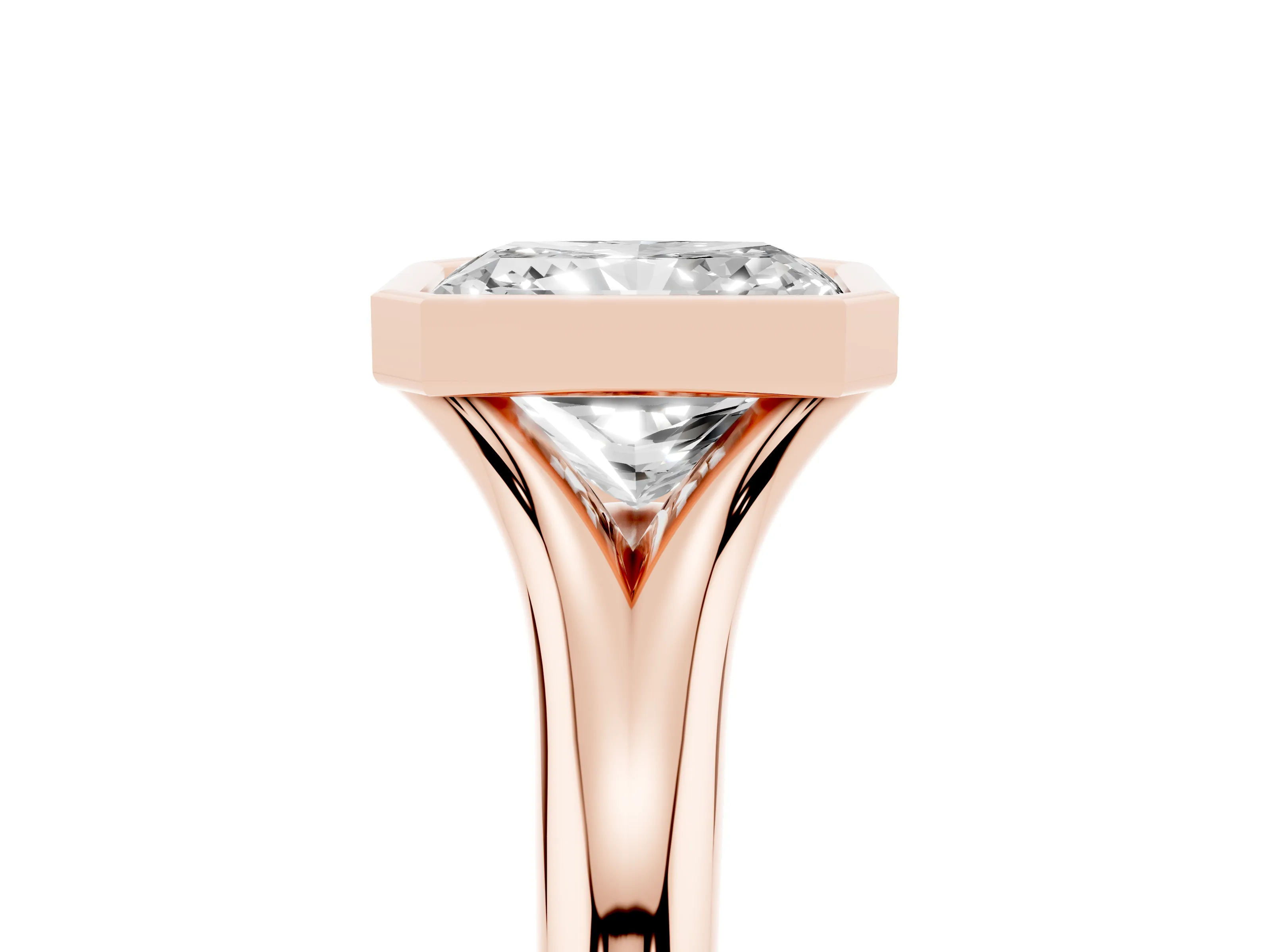 Bezel Set Radiant Cut Diamond Solitaire Ring Set in Rose gold with Smooth Band