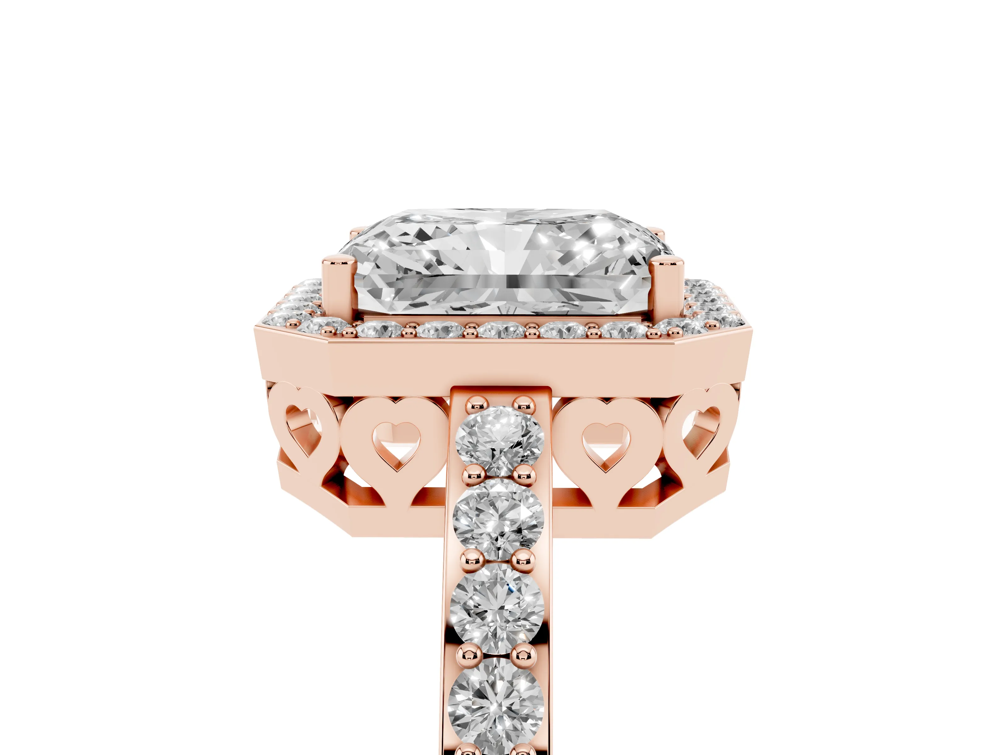 Radiant Cut Diamond Halo Ring Set in Rose gold with Pavé-Setting Band and Open Prong Center
