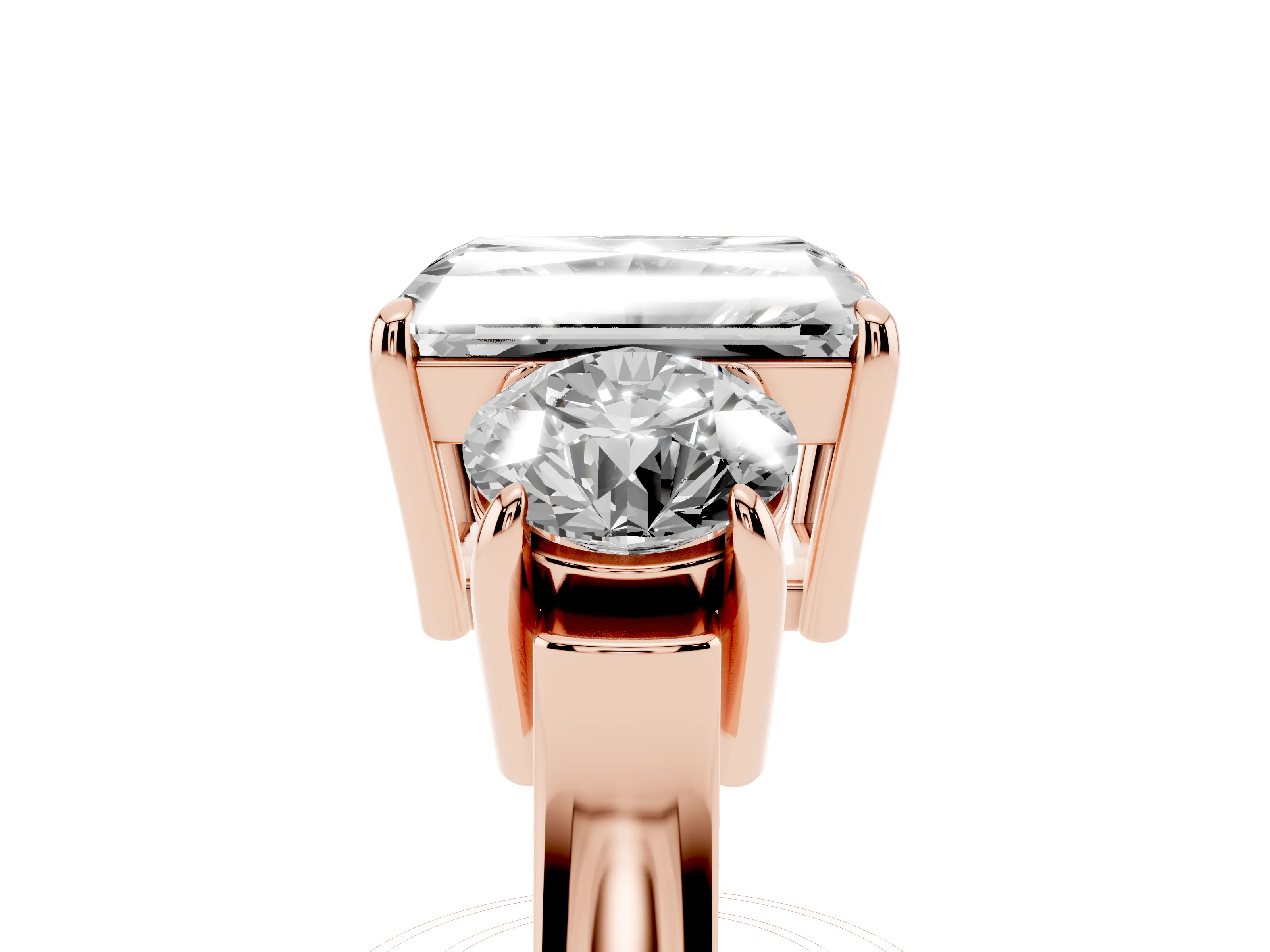 Radiant Cut Diamond Three-Stone Ring Set in Rose gold with Round Accent Stones and Plain Band