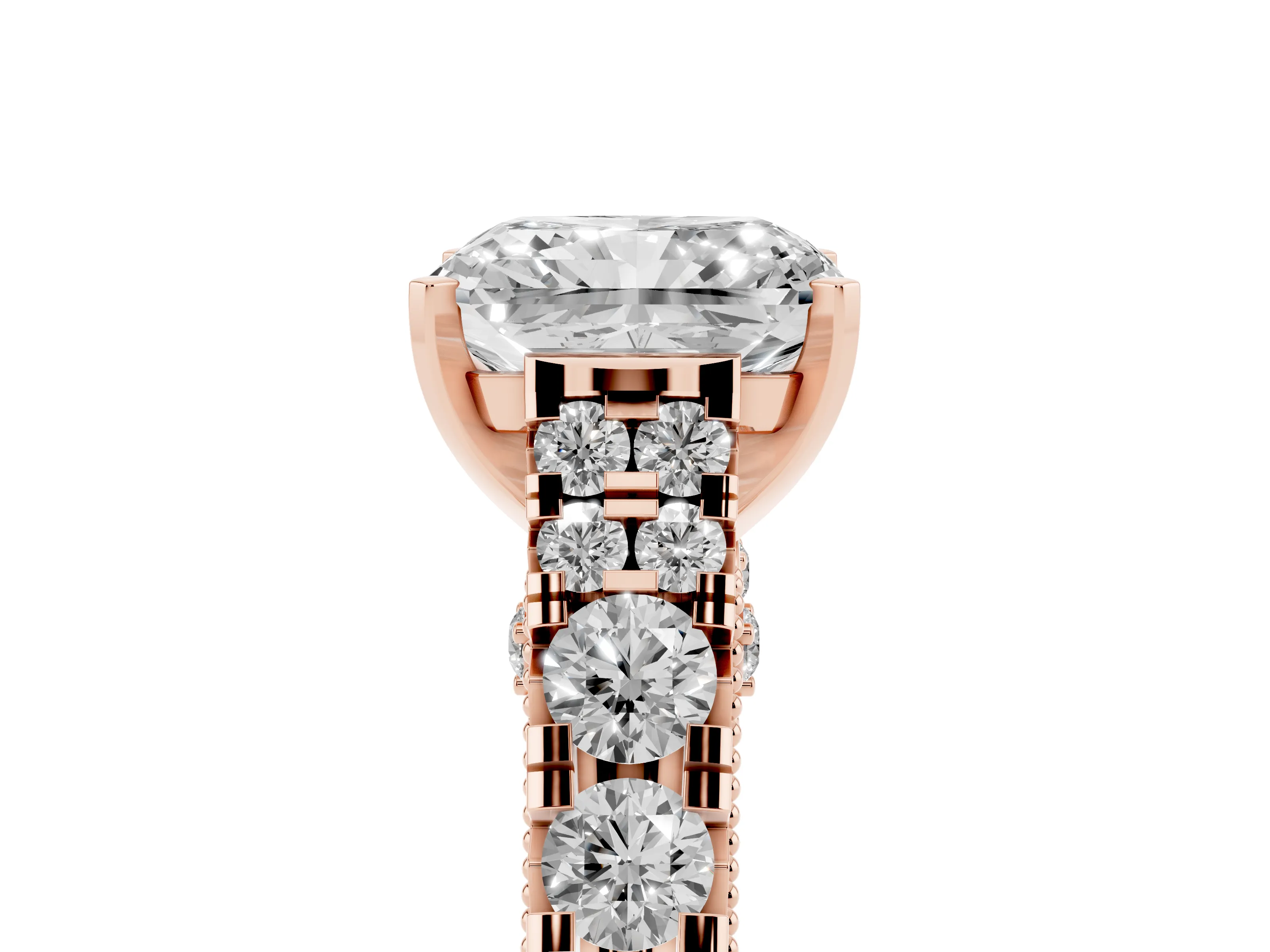 Radiant Cut Diamond Classic Solitaire Ring Set in Rose gold with Pavé Band and Prong Setting