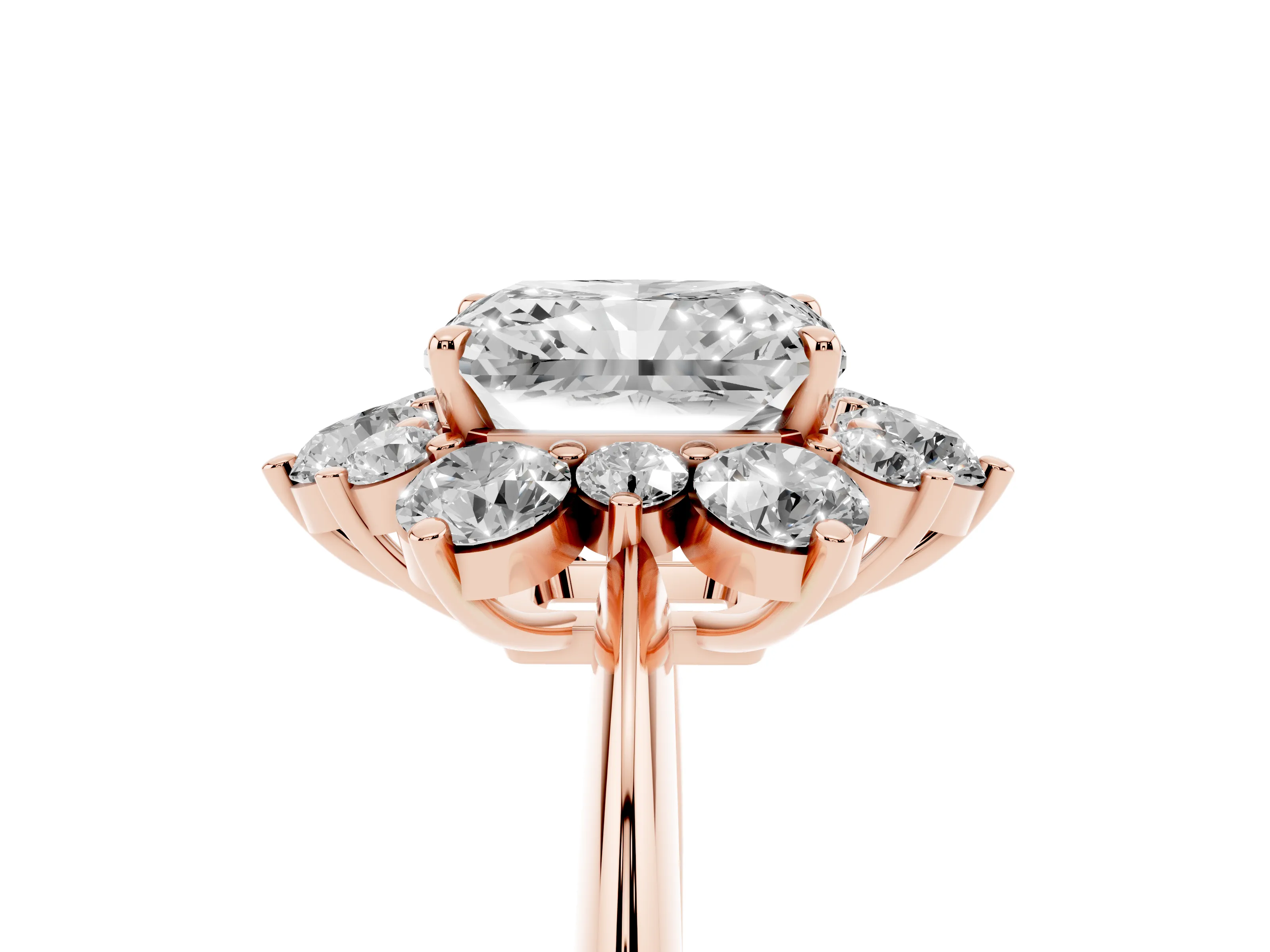 Radiant Cut Diamond Cluster Halo Ring Set in Rose gold with Solitaire Band and Prong Setting