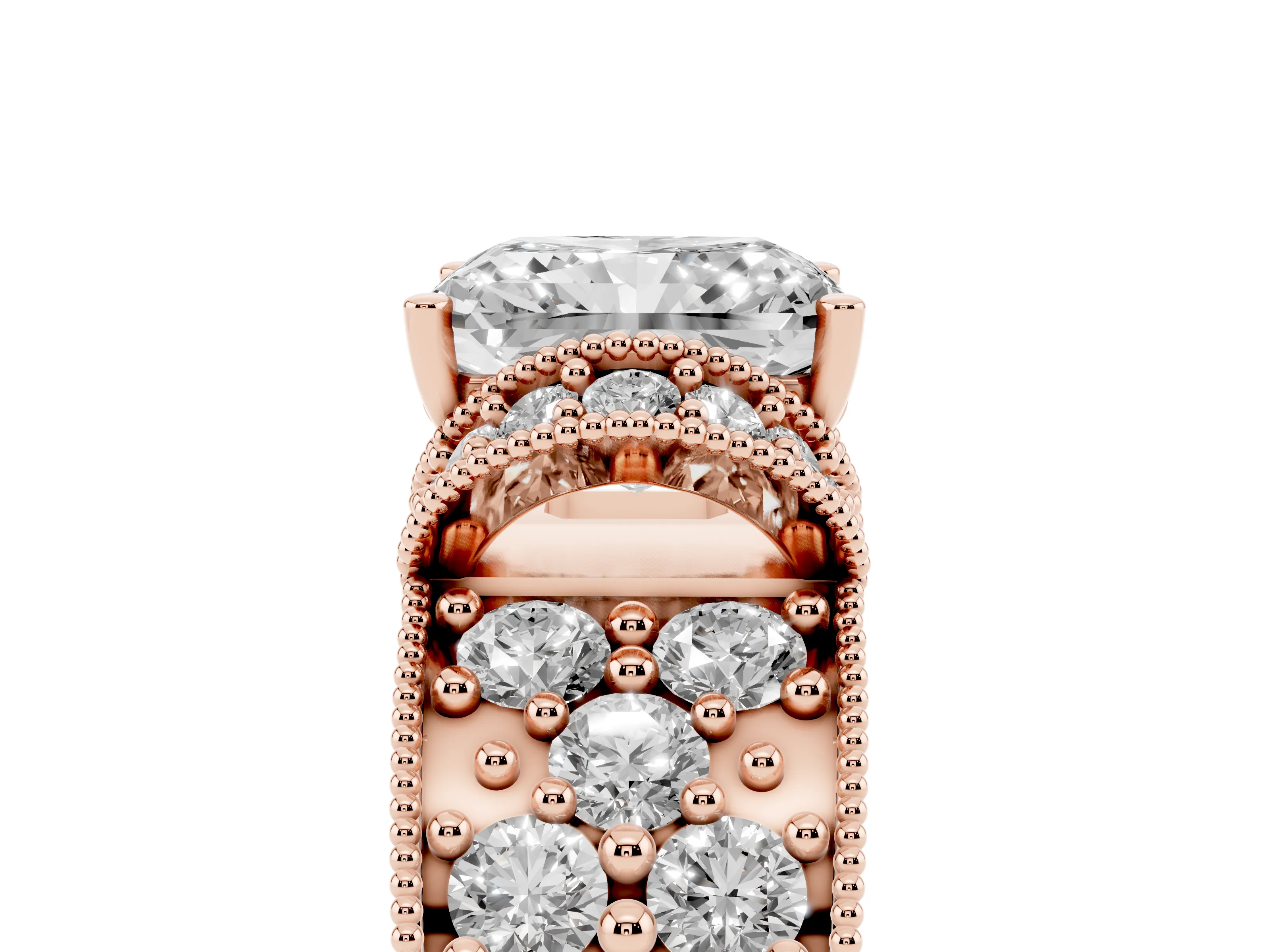 Radiant Cut Diamond Milgrain Halo Pavé Engagement Ring Set in Rose gold with Prong Setting