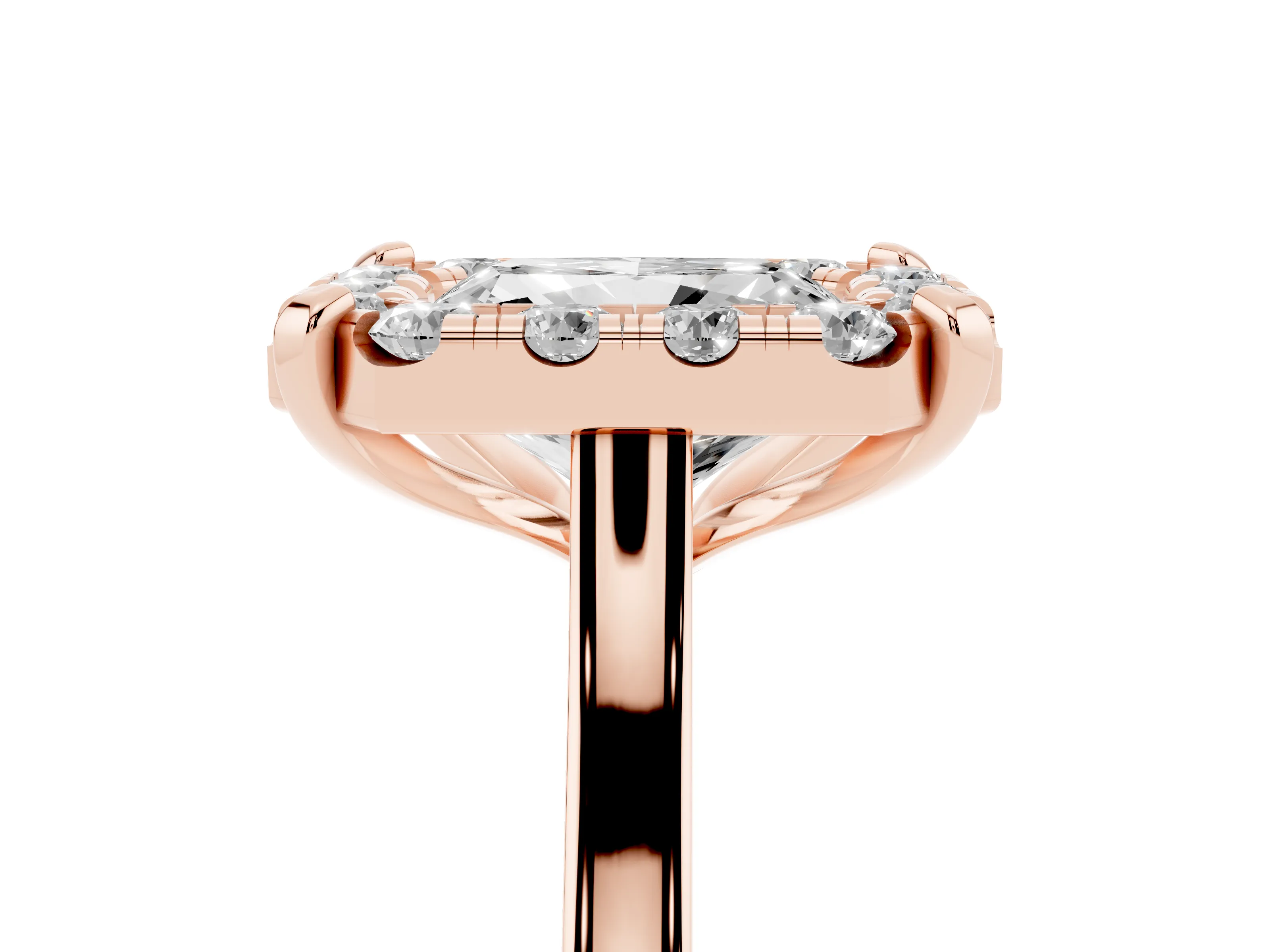 Radiant Cut Diamond Cluster Halo Solitaire Ring Set in Rose gold with Prong Setting