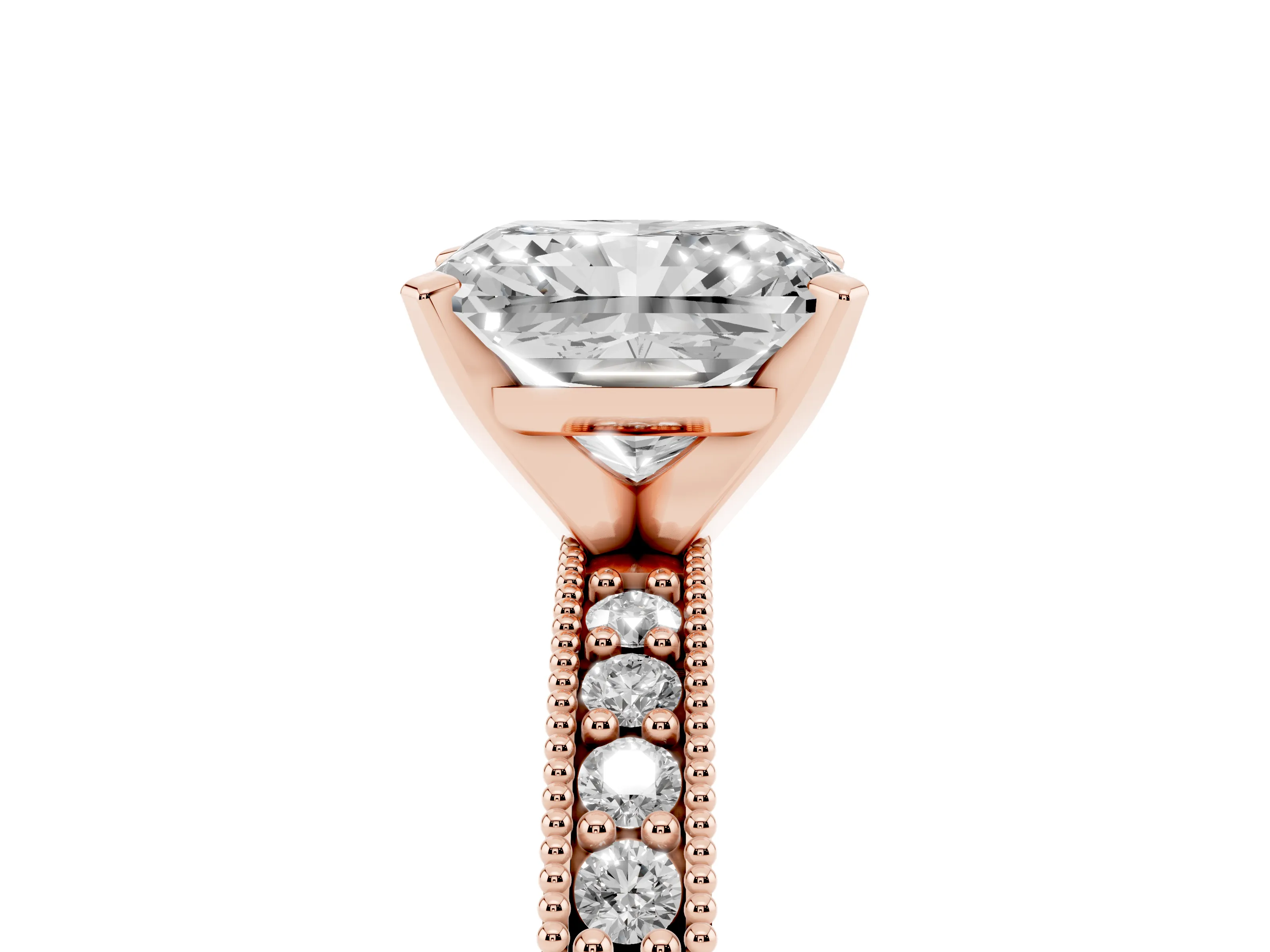 Radiant Cut Diamond Milgrain Pavé Engagement Ring Set in Rose gold with Prong Setting