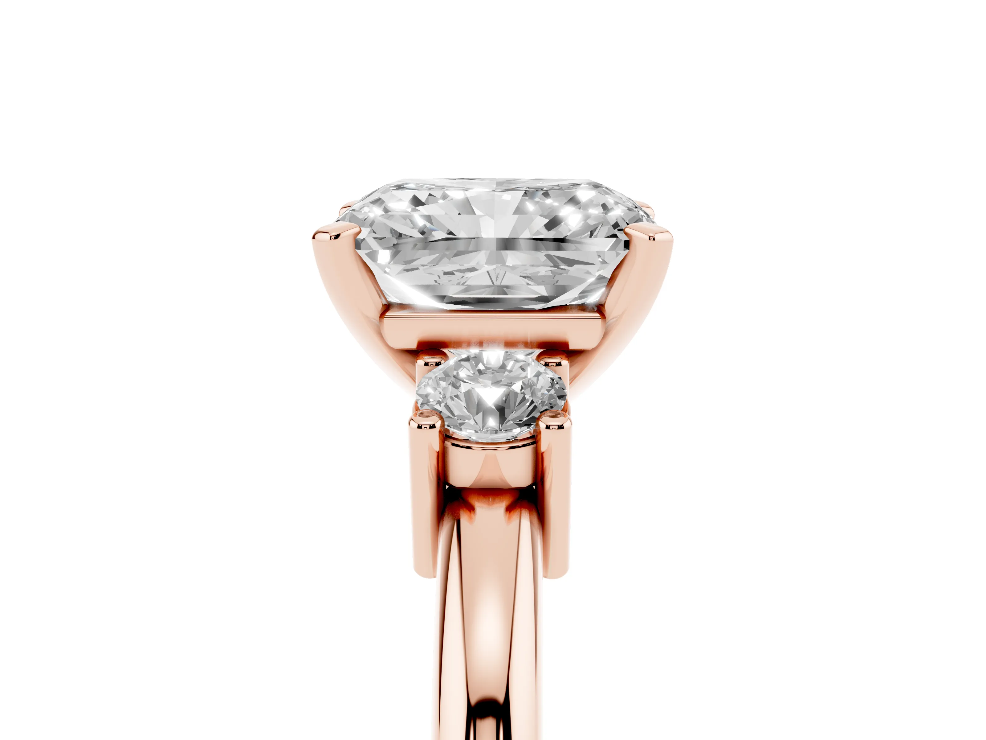 Three-Stone Radiant Cut Diamond Ring Set in Rose gold with Prong Setting and Plain Band