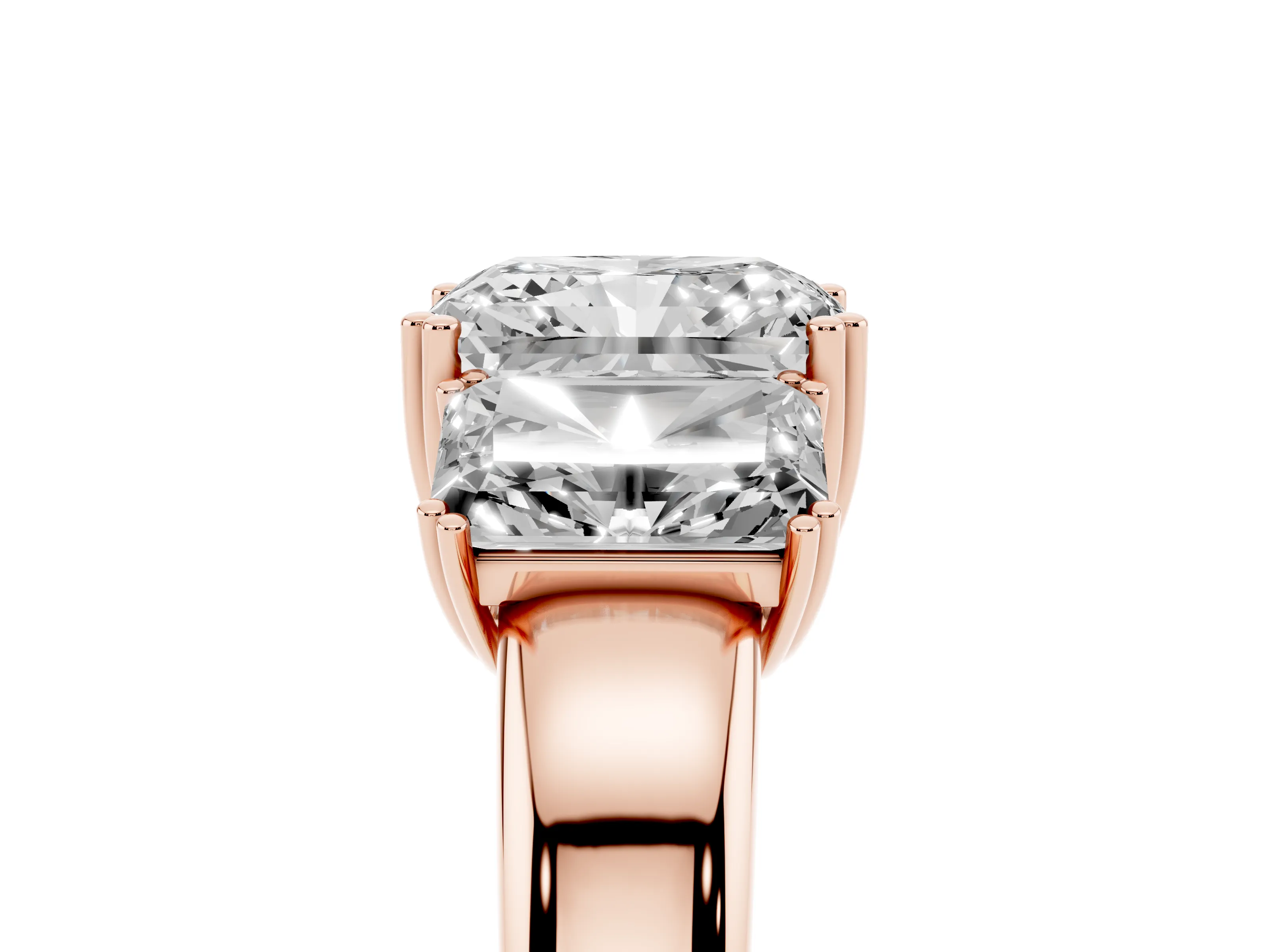 Radiant Cut Diamond Three-Stone Ring Set in Rose gold with Polished Channel-Set Band