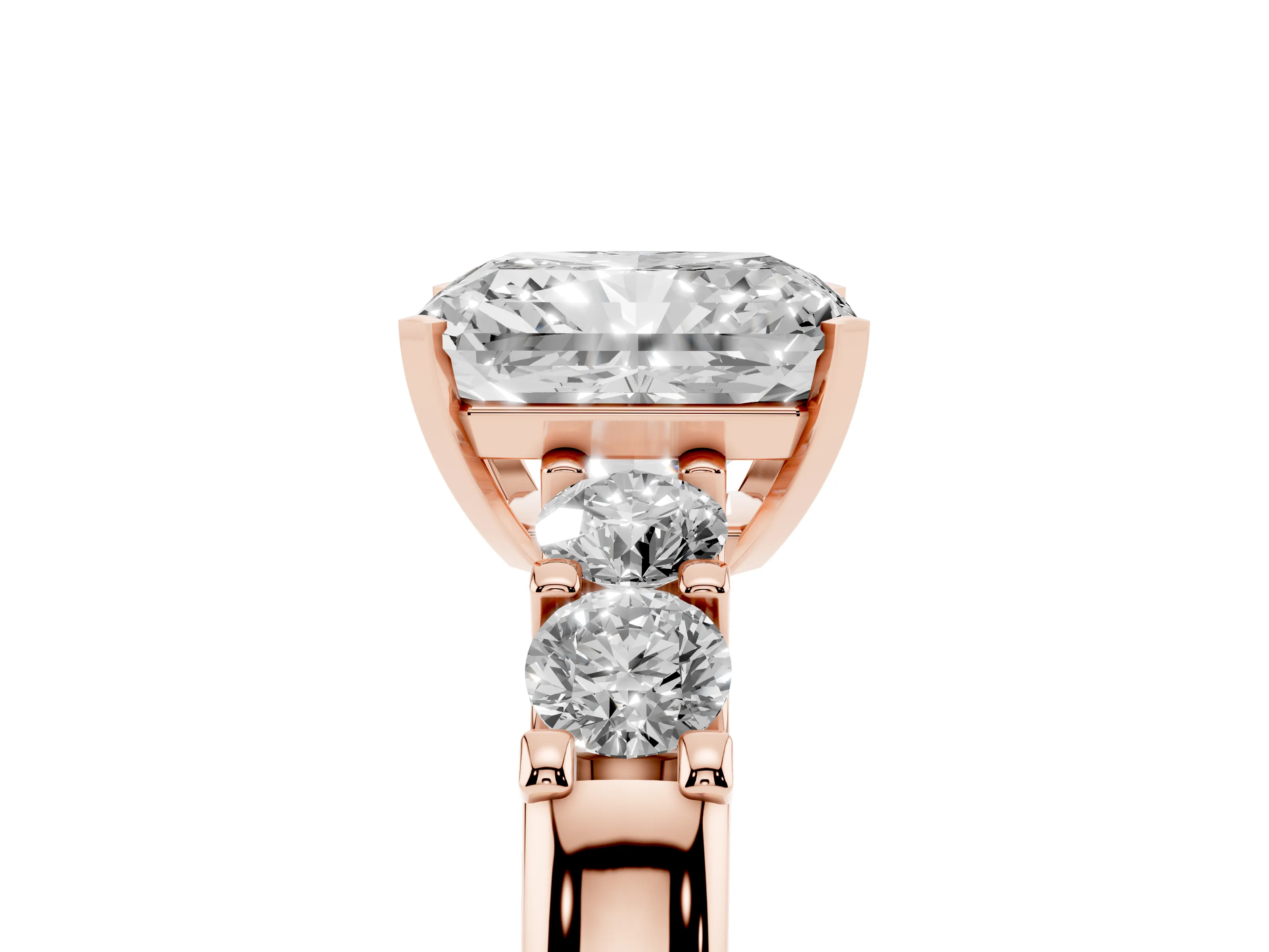 Radiant Cut Diamond Five-Stone Prong Set Engagement Ring Set in Rose gold with Channel Band