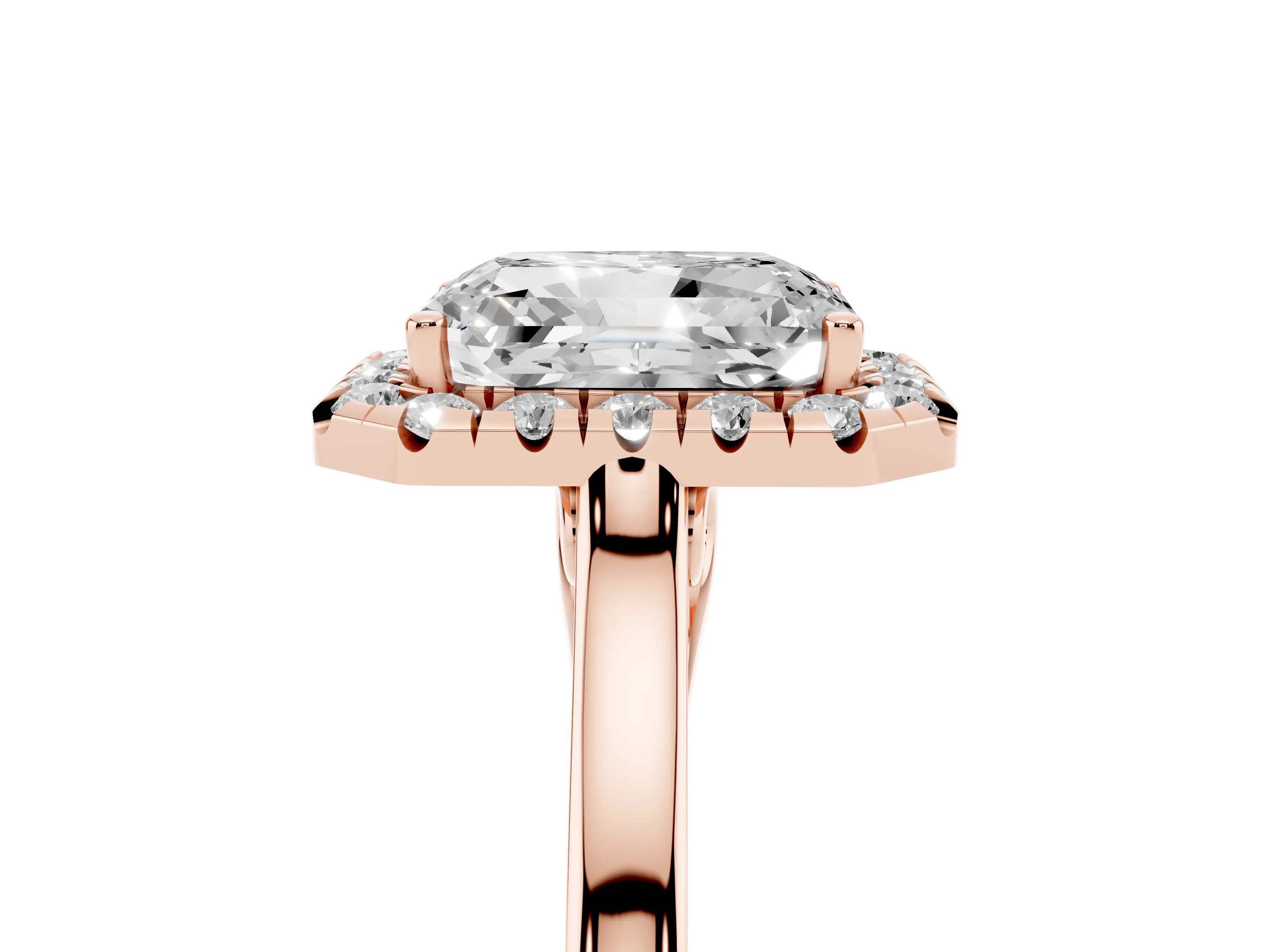 Radiant Cut Halo Round Diamond Solitaire Ring Set in Rose gold with Pavé Band and Prong Setting