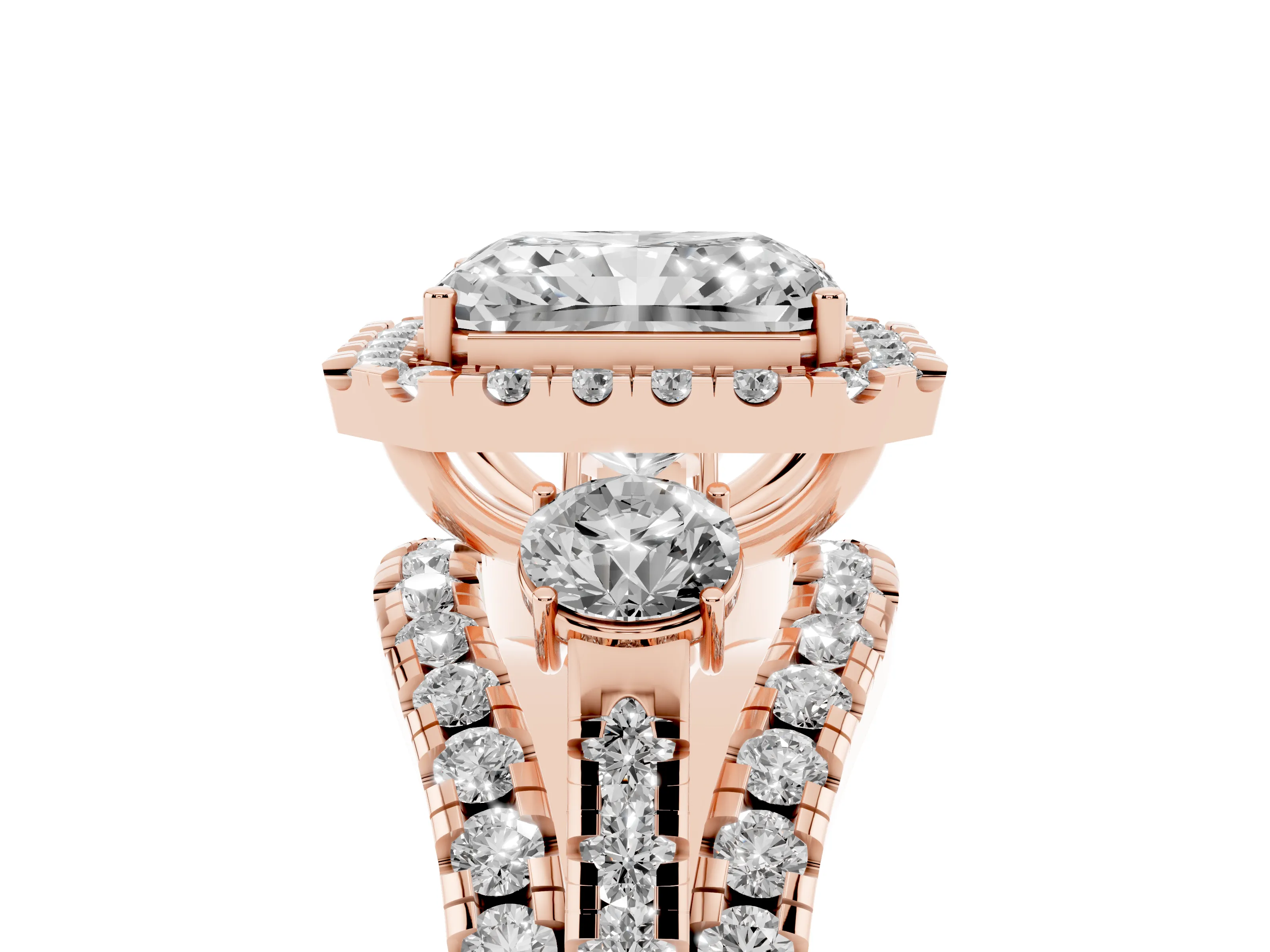 Radiant Cut Diamond Halo Split Shank Ring Set in Rose gold with Round Accent Stones and Prong Setting