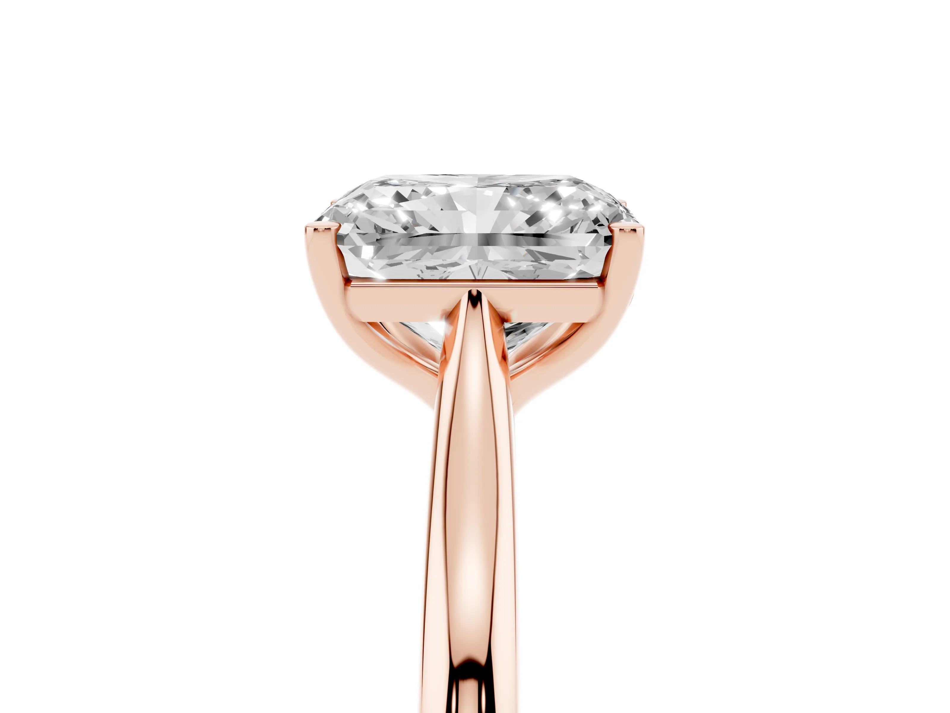 Radiant Cut Diamond Solitaire Ring Set in Rose gold with Cathedral Band and Prong Setting