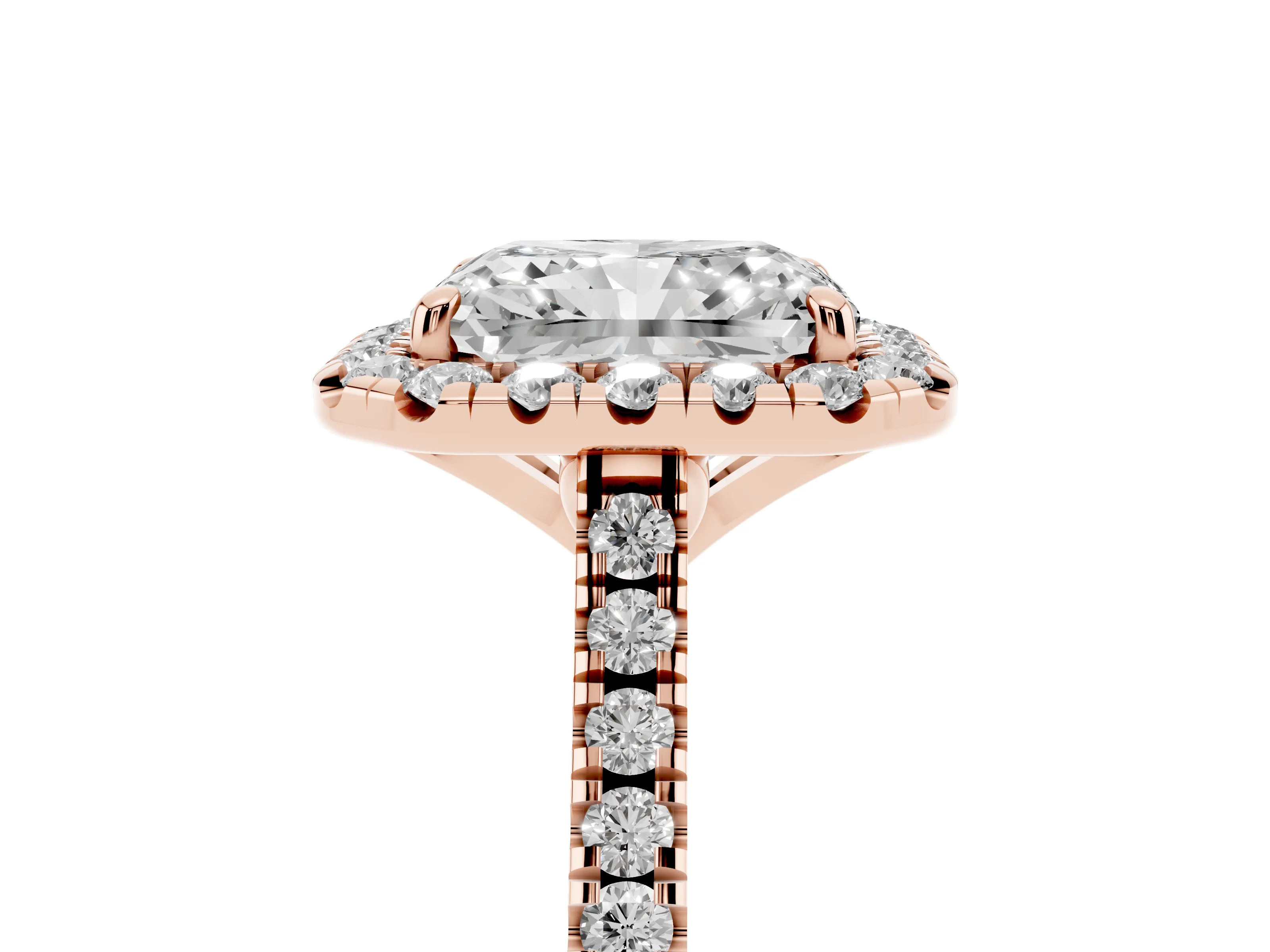 Radiant Cut Diamond Cushion Halo Ring Set in Rose gold with Pavé Band