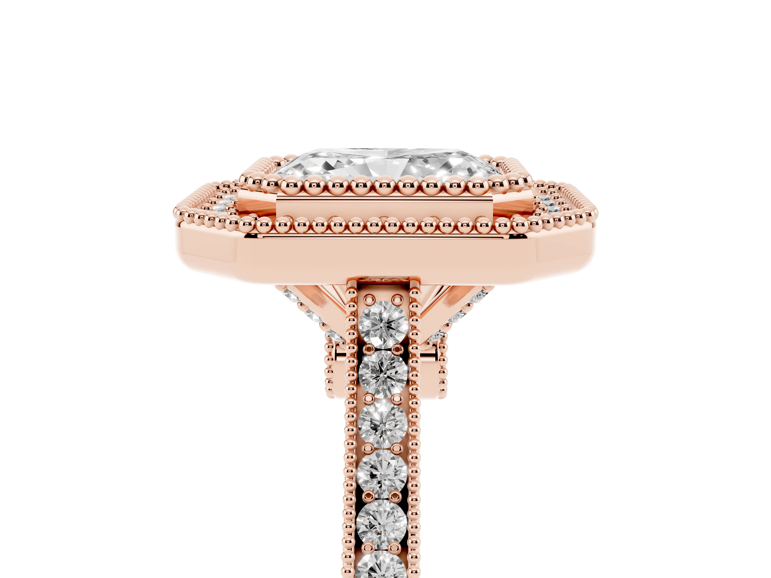 Radiant Cut Diamond Halo Ring Set in Rose gold with Milgrain Frame and Pavé Band
