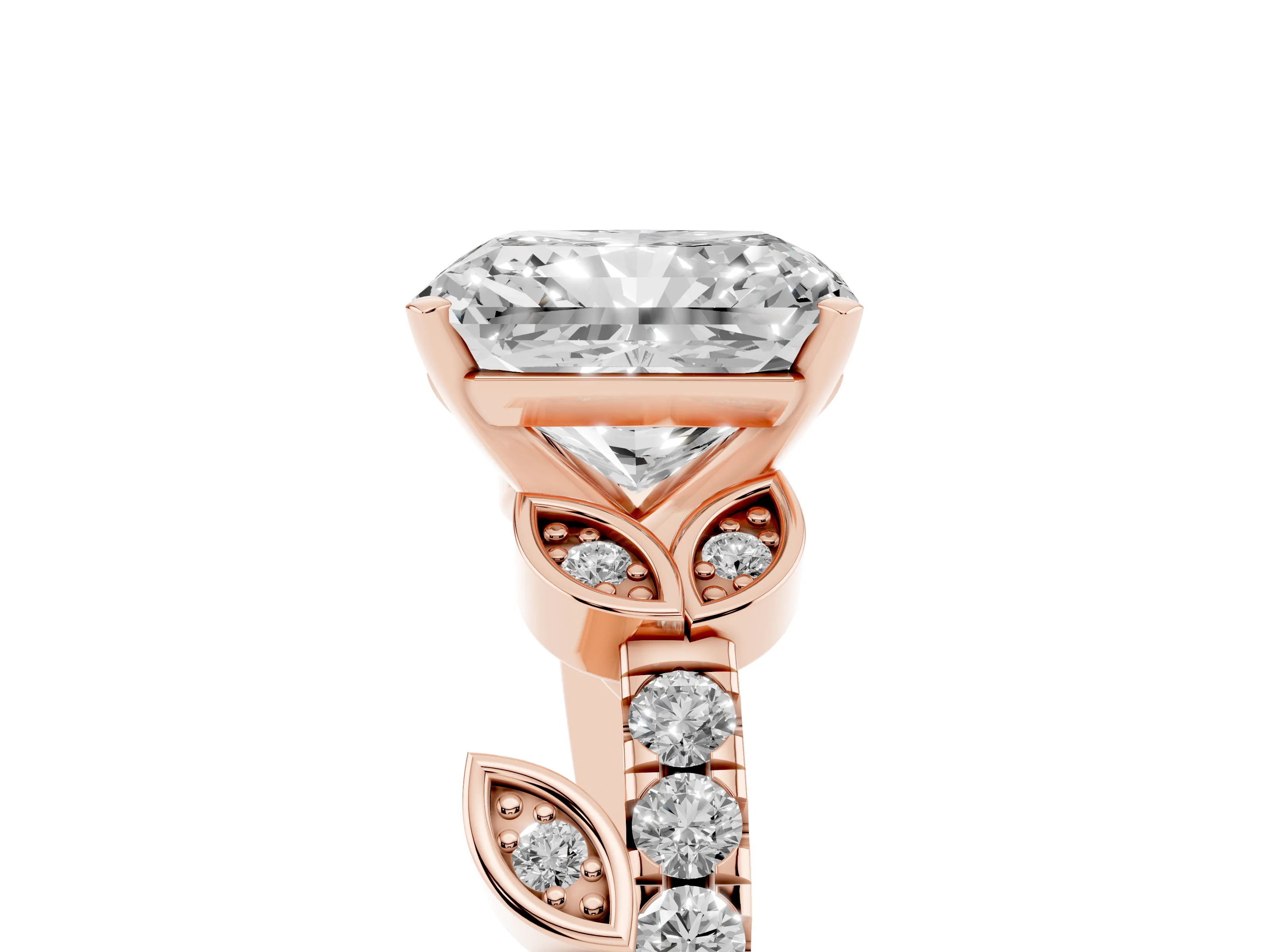 Radiant Cut Diamond Solitaire Leaf-Inspired Ring Set in Rose gold with Pavé Band and Prong Setting