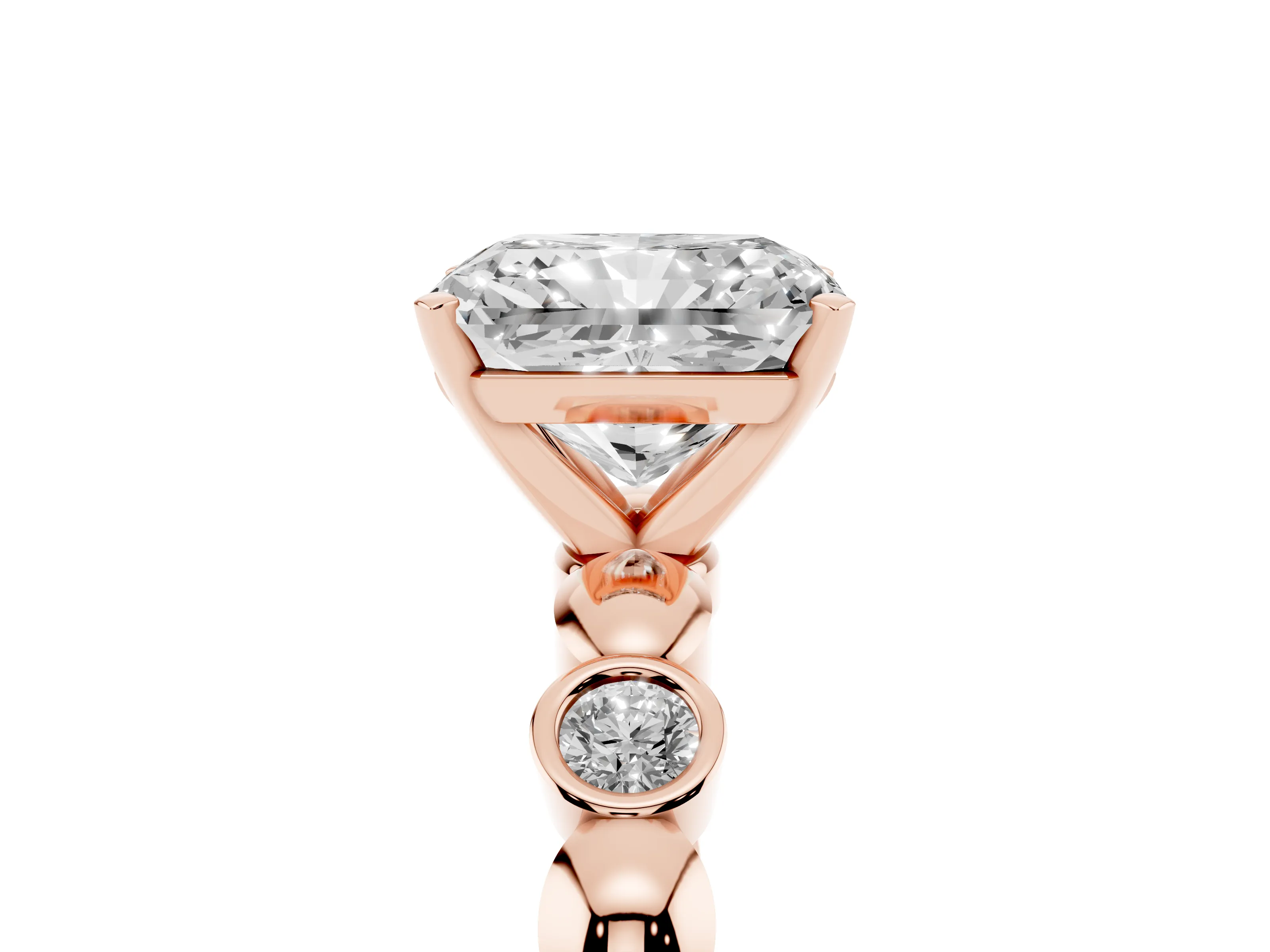 Radiant Cut Diamond Solitaire Ring Set in Rose gold with Bezel-Set Accents on Beaded Band and Prong Setting