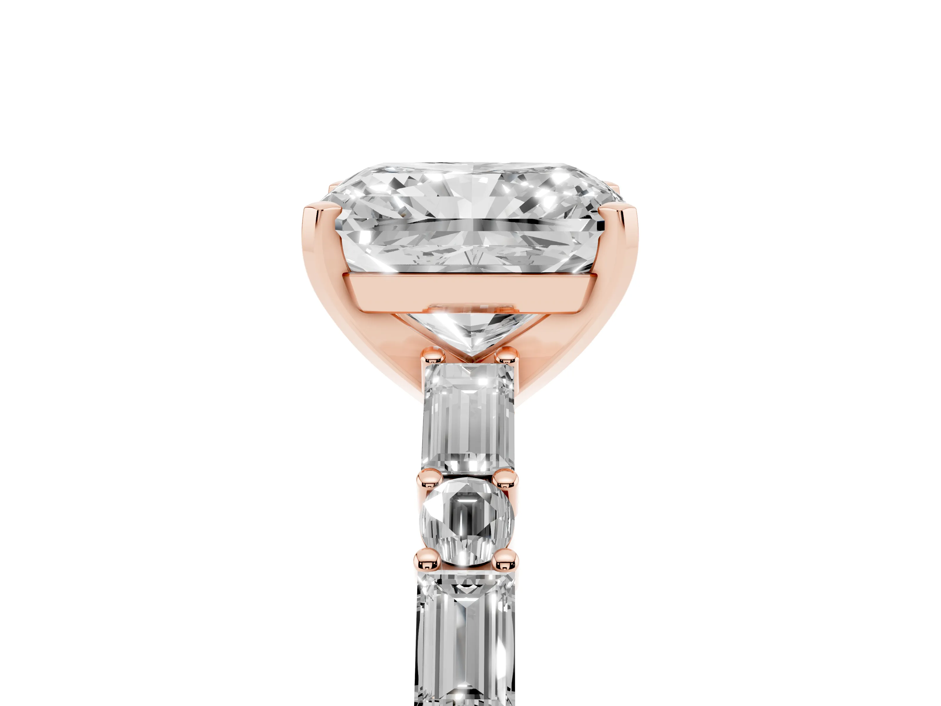 Radiant Cut Diamond Solitaire Set in Rose gold with Side Baguettes and Channel Set Band