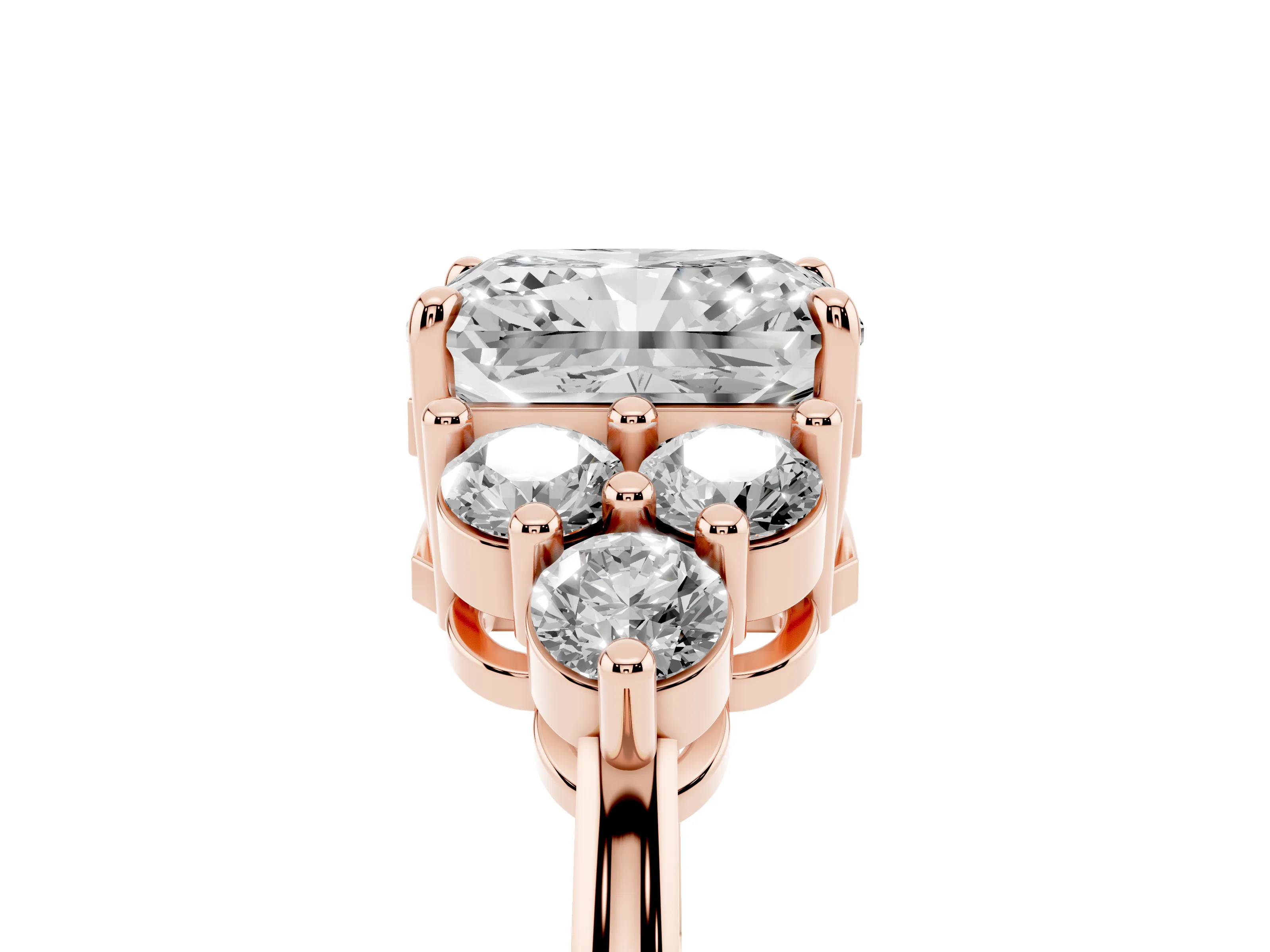 Radiant Cut Diamond Solitaire Ring Set in Rose gold with Cluster Accents on Each Side