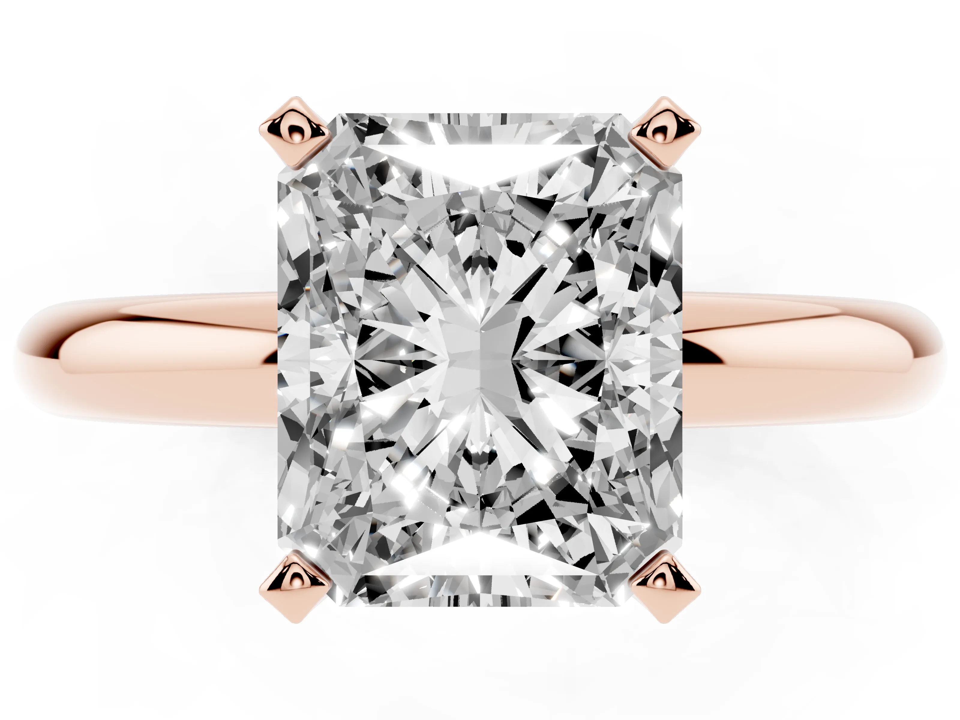 Radiant Cut Diamond Solitaire Engagement Ring Set in Rose gold with Round Band and Prong Setting