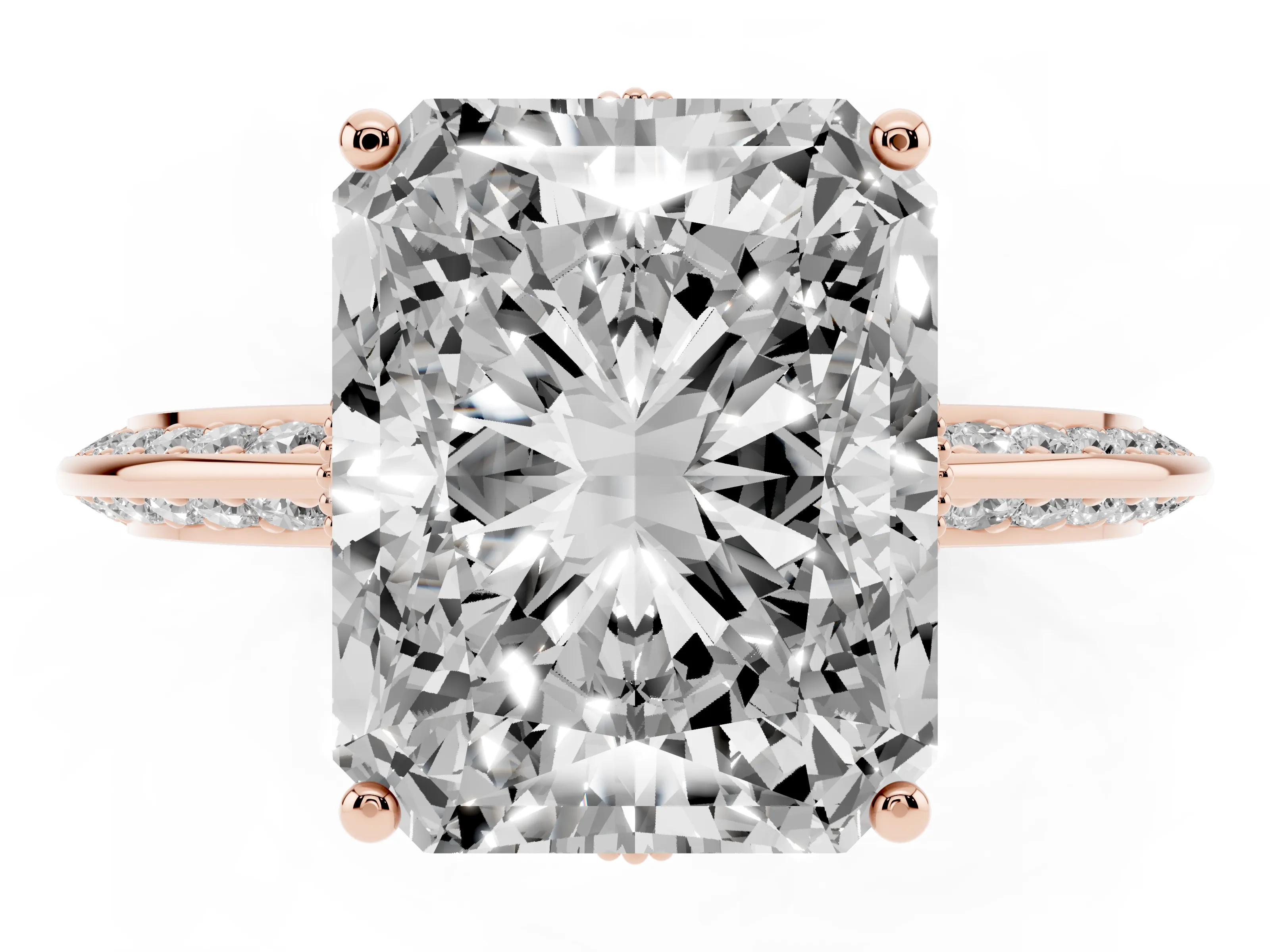 Radiant Cut Diamond Solitaire Engagement Ring Set in Rose gold with Pavé Split Shank and Prong Setting