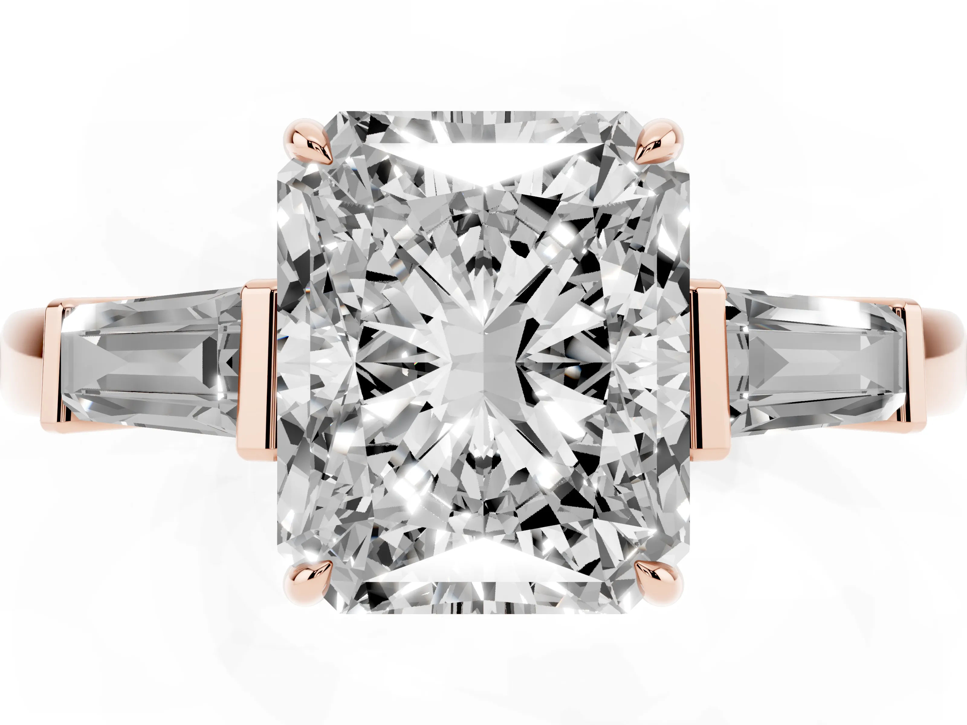 Radiant Cut Diamond Three-Stone Ring Set in Rose gold with Tapered Baguette Side Stones and Prong Setting