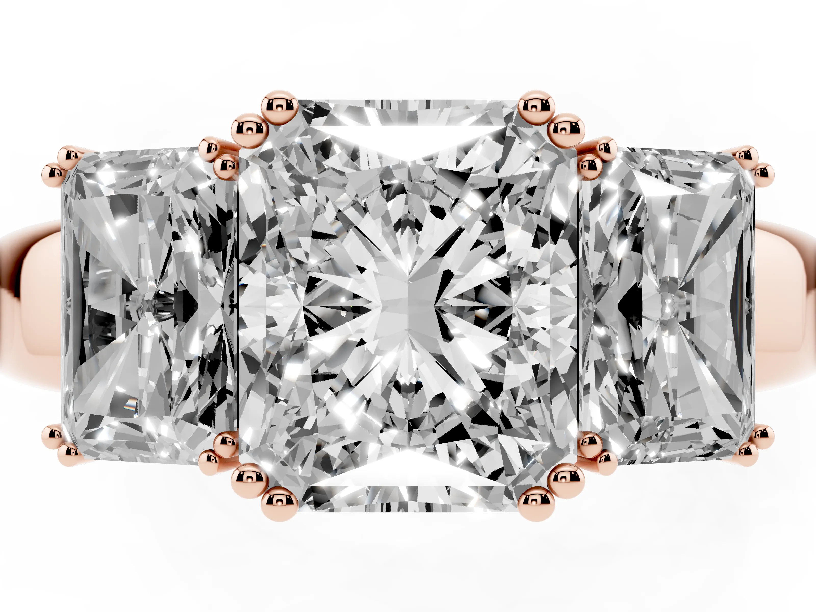 Radiant Cut Diamond Three-Stone Ring Set in Rose gold with Polished Channel-Set Band