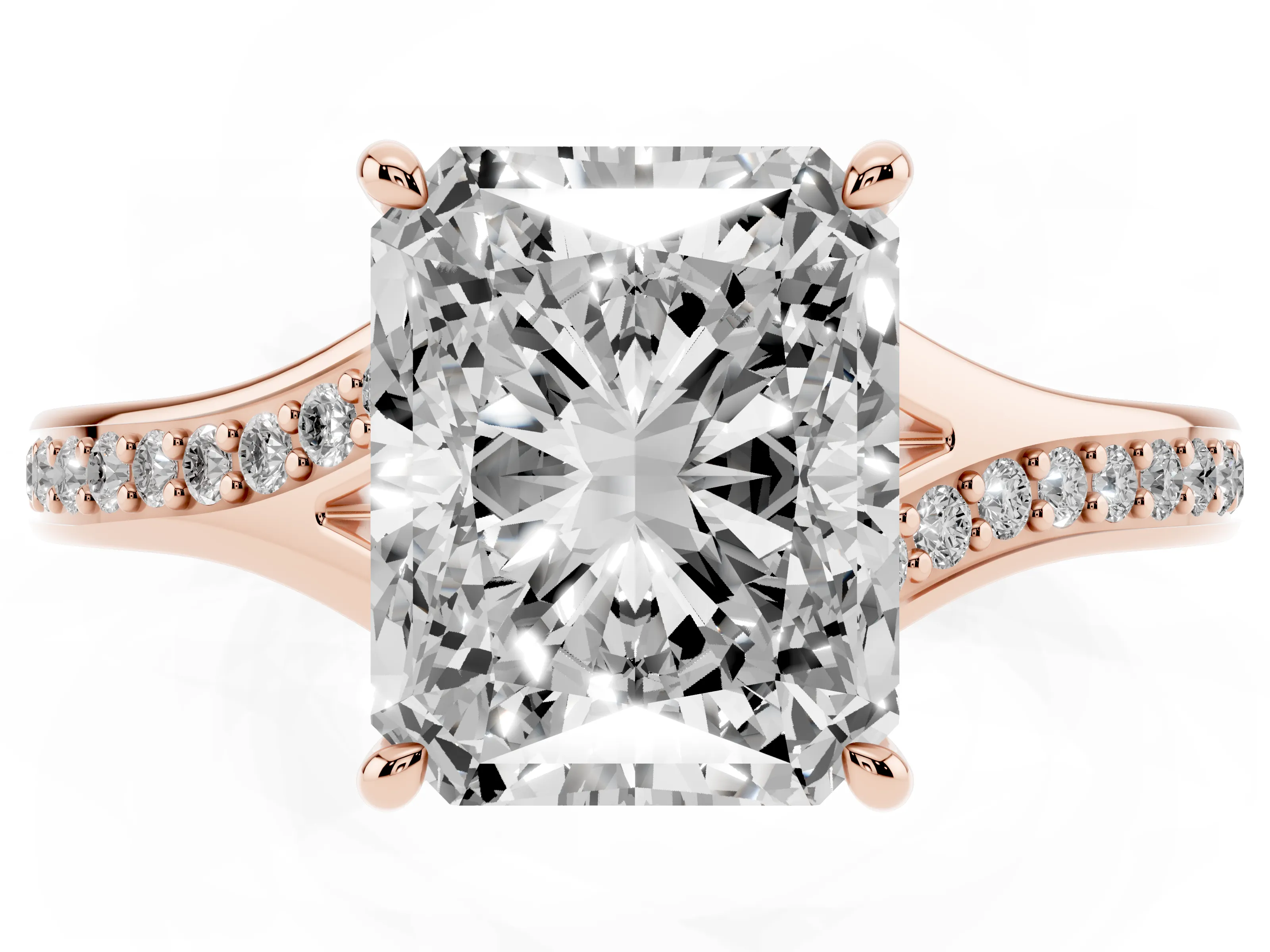 Radiant Cut Diamond Solitaire Ring Set in Rose gold with Pavé Accent Band and Classic Prong Setting