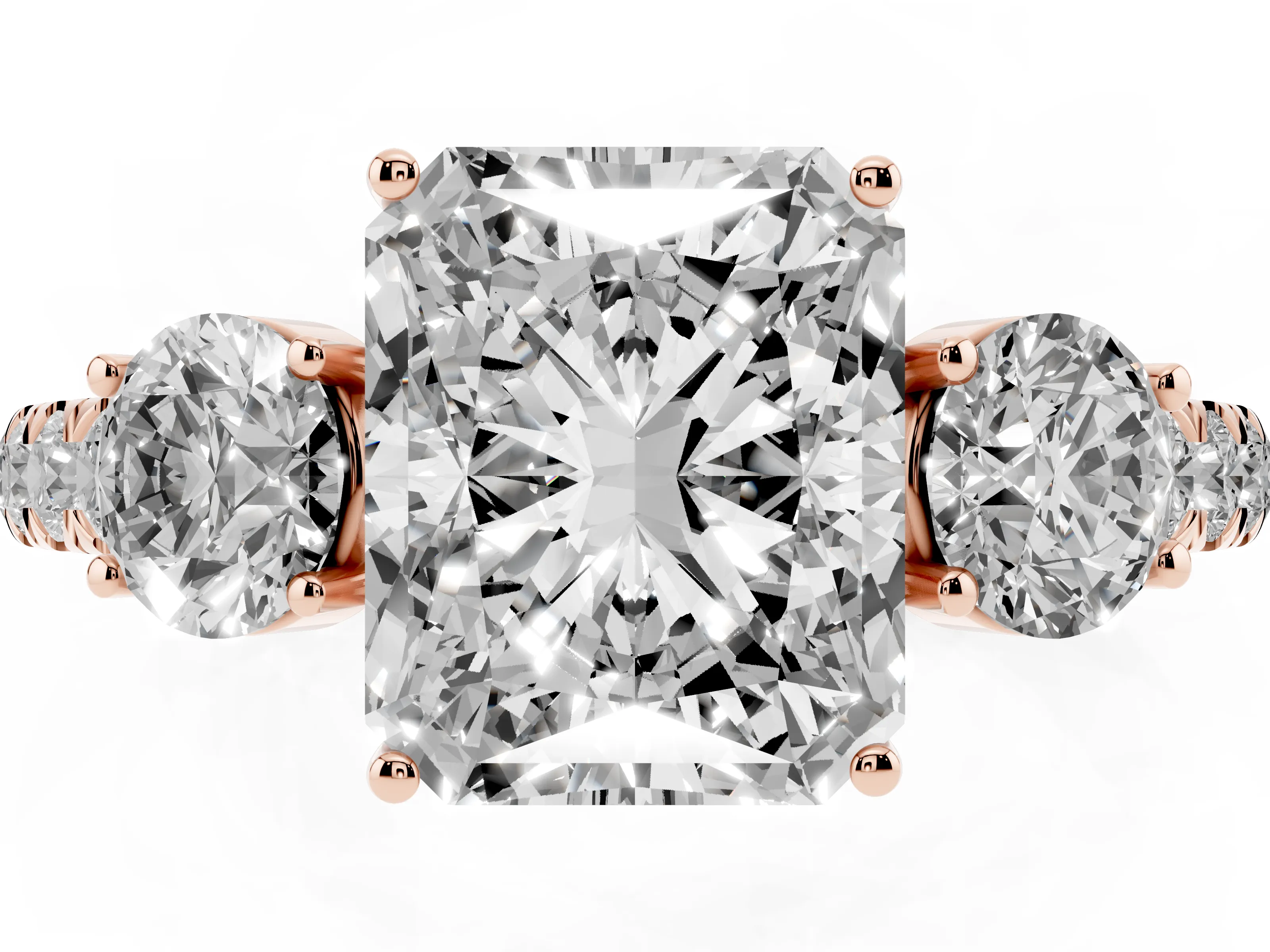 Radiant Cut Diamond Three-Stone Ring Set in Rose gold with Round Side Stones and Delicate Pavé Band