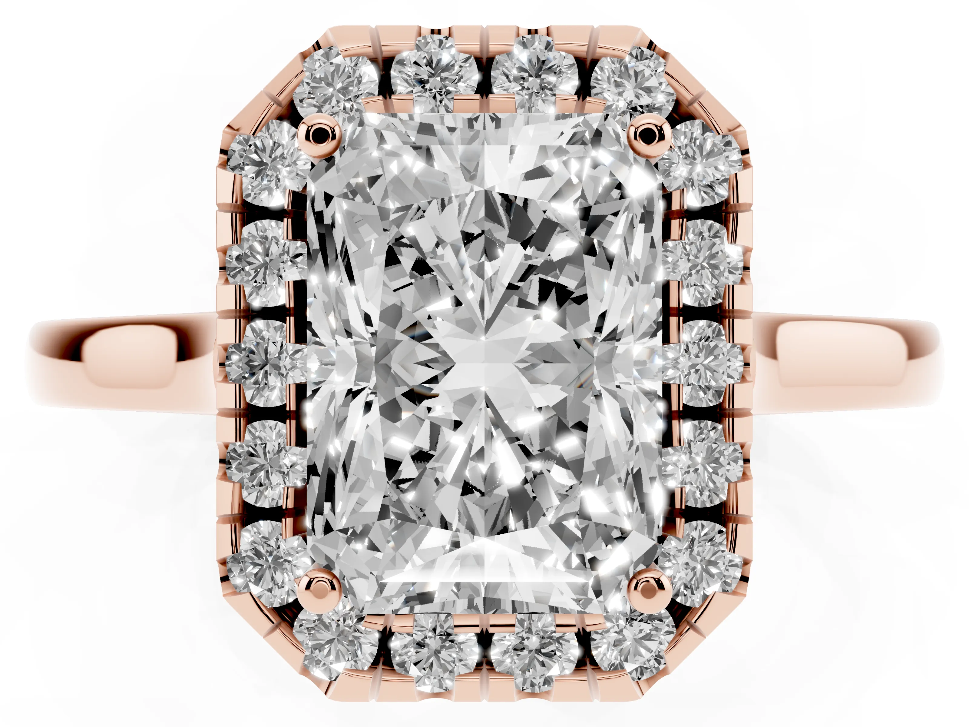 Radiant Cut Halo Round Diamond Solitaire Ring Set in Rose gold with Pavé Band and Prong Setting