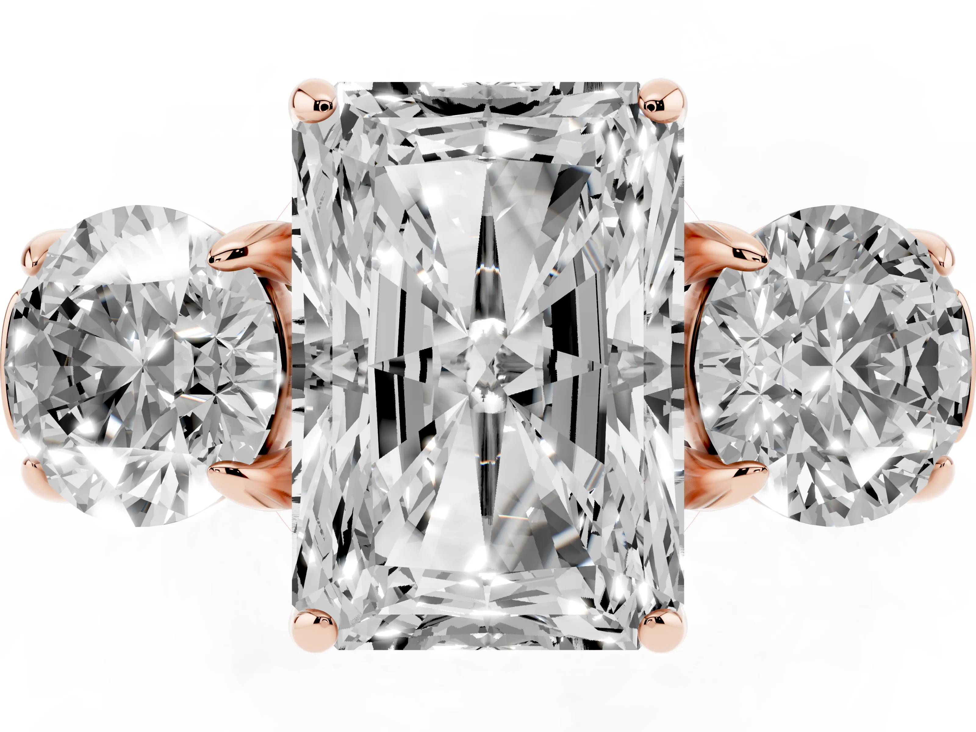 Radiant Cut Diamond Three-Stone Ring Set in Rose gold with Round Accent Stones and Plain Band