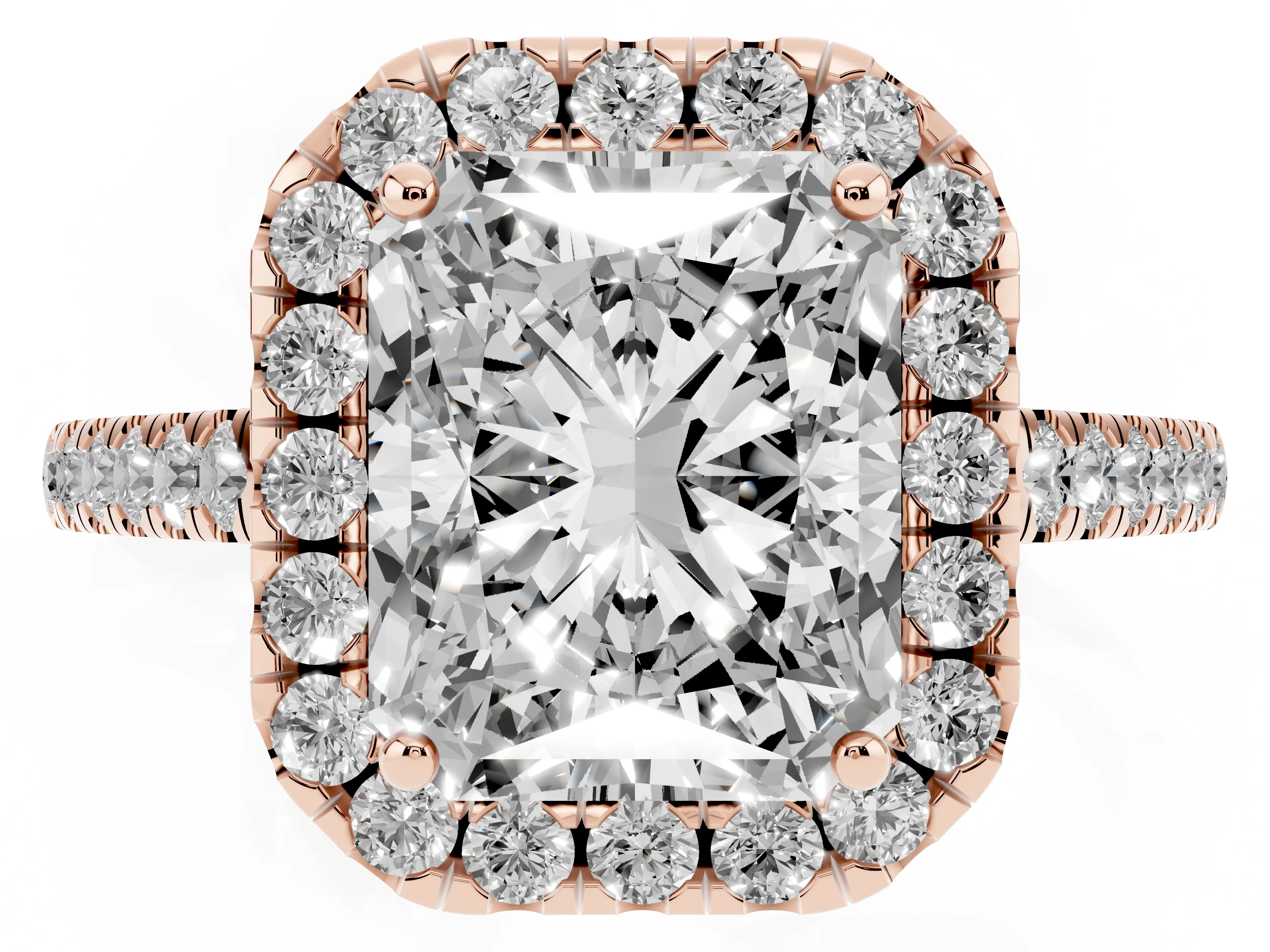 Radiant Cut Diamond Pavé Halo Engagement Ring Set in Rose gold with Pavé Band and Prong Setting