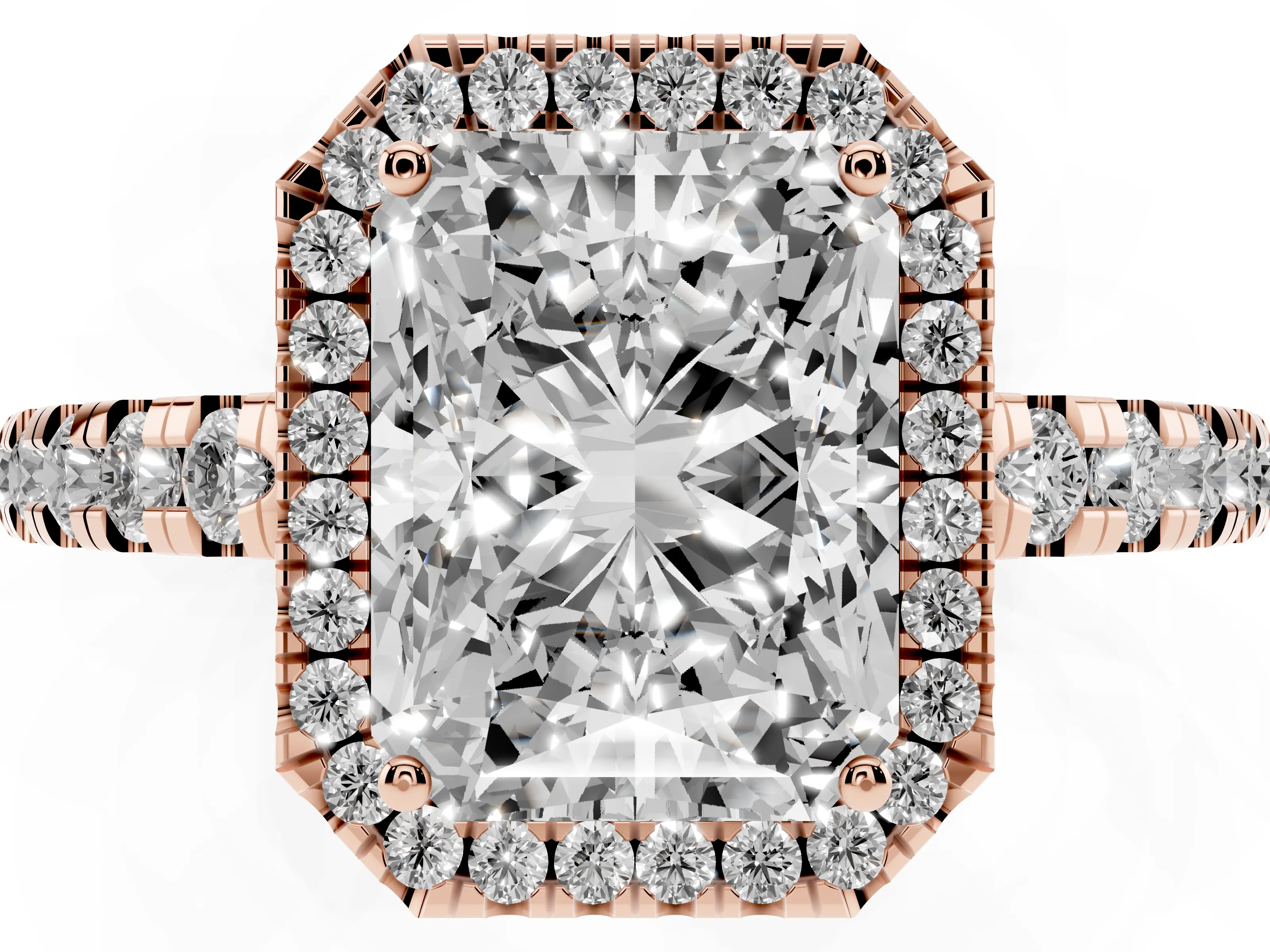 Radiant Cut Diamond Halo Ring Set in Rose gold with Delicate Pavé Band and Prong Setting
