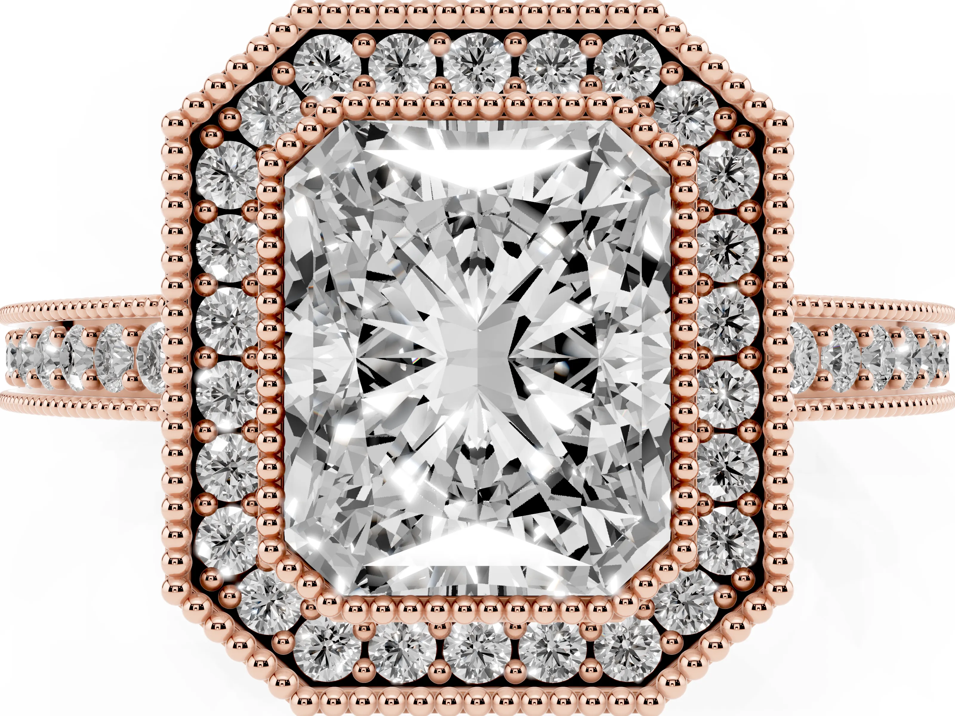 Radiant Cut Diamond Round Halo Ring Set in Rose gold with Pavé Band