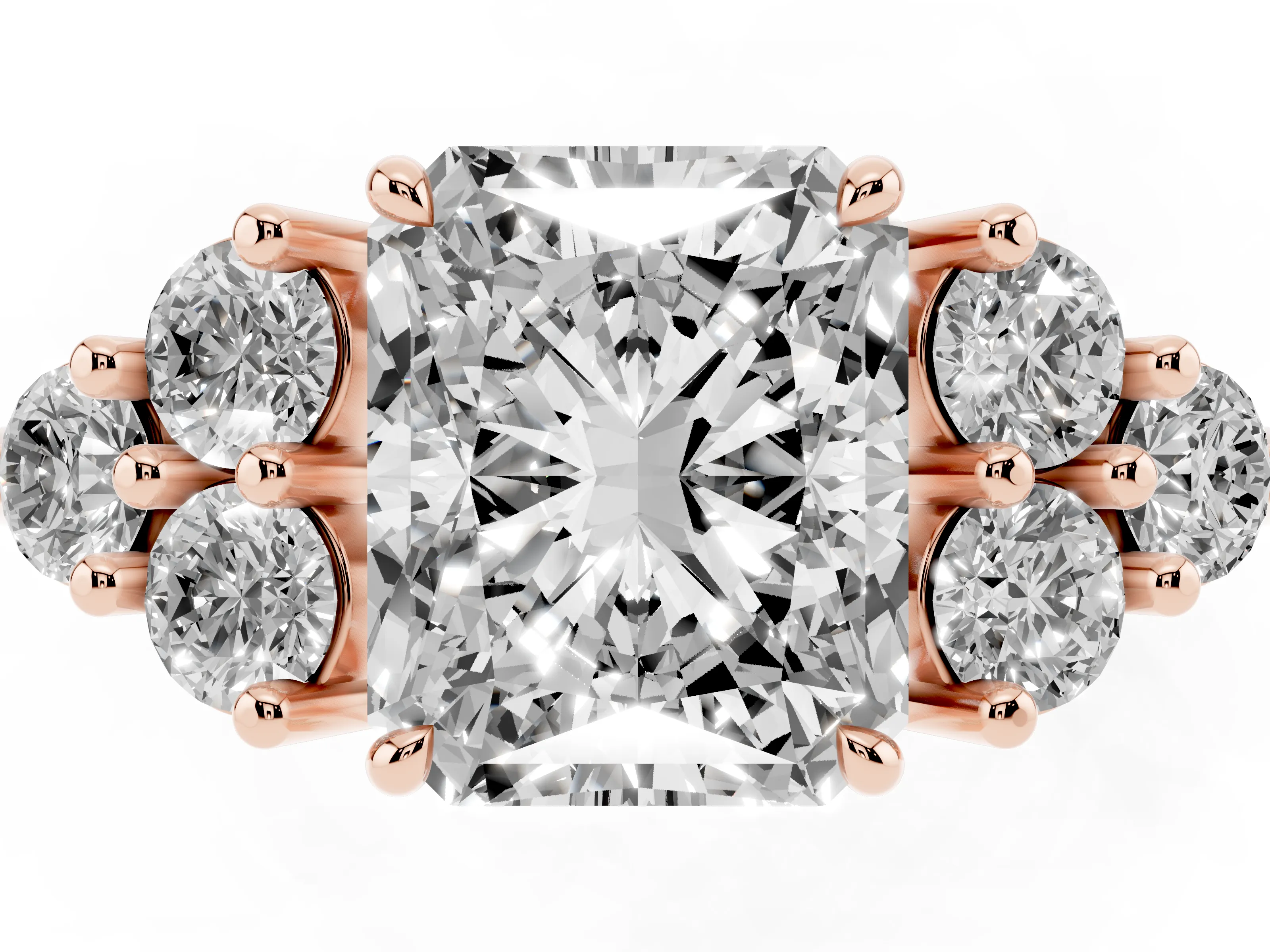 Radiant Cut Diamond Solitaire Ring Set in Rose gold with Cluster Accents on Each Side