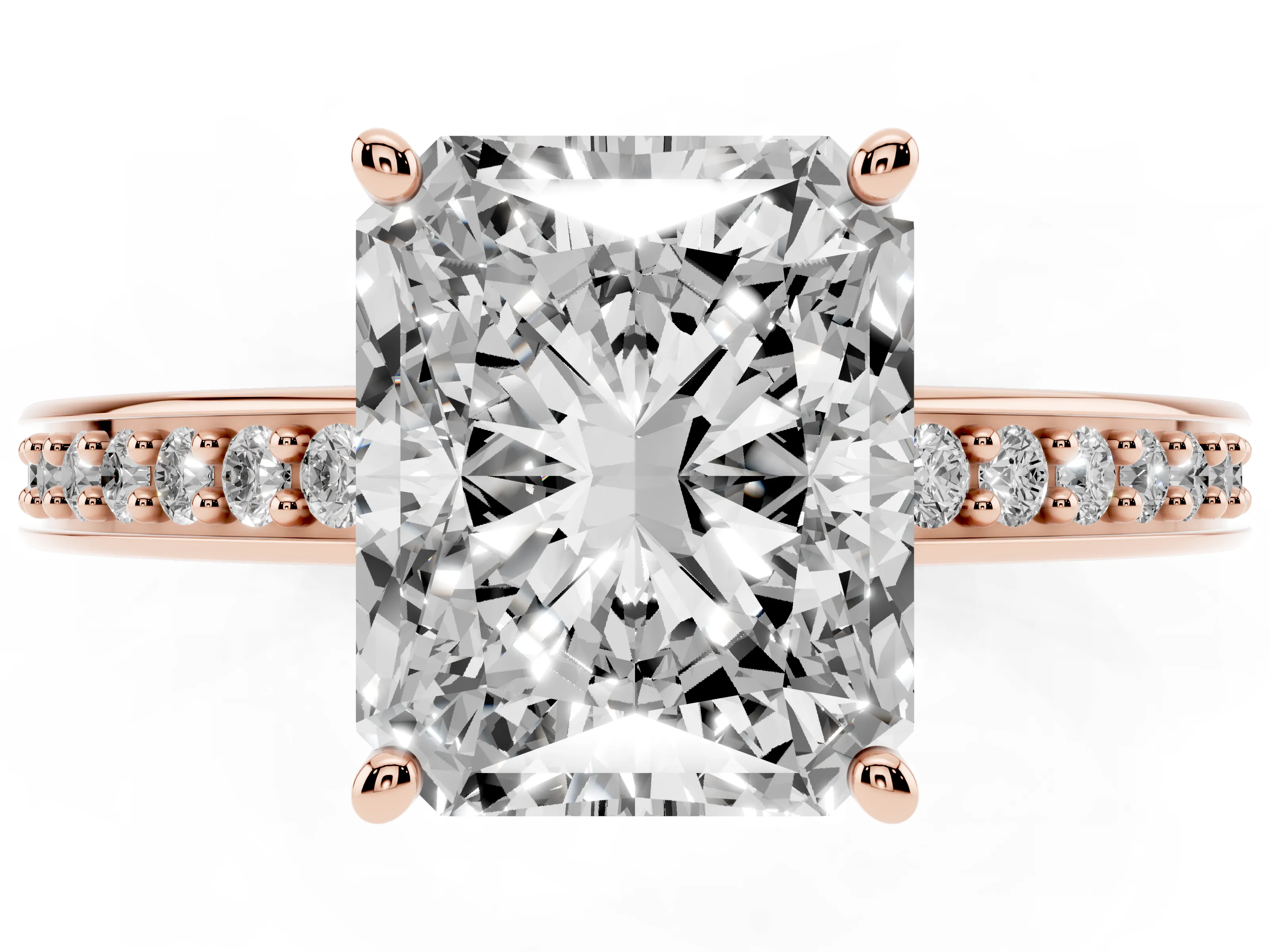 Radiant Cut Diamond Pavé Band Prong Set Solitaire Ring Set in Rose gold