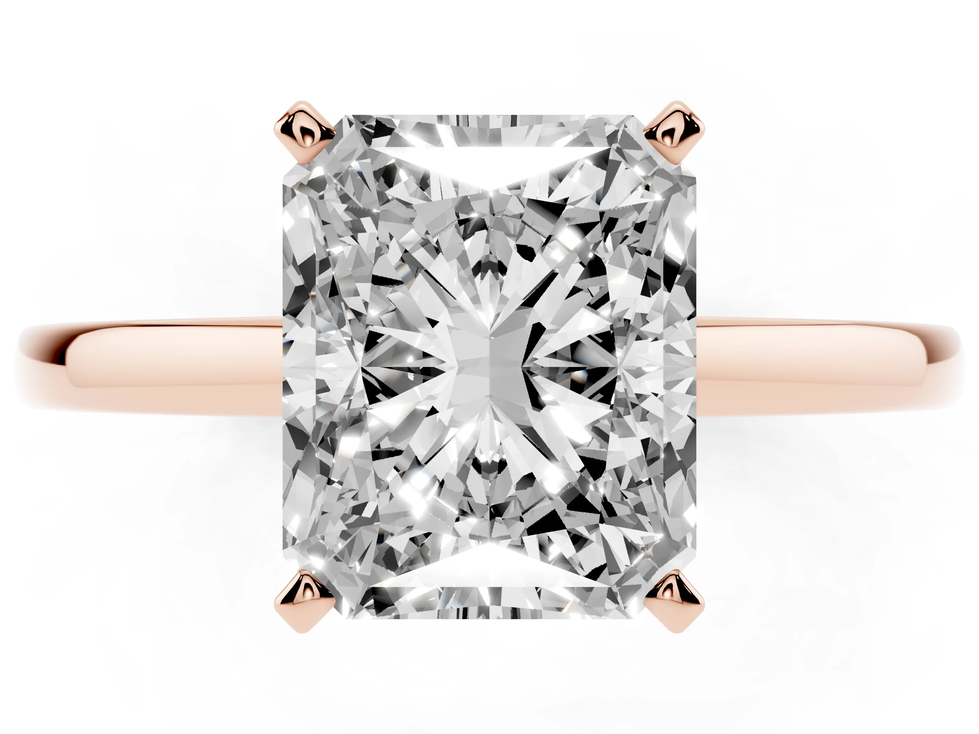 Radiant Cut Diamond Solitaire Engagement Ring Set in Rose gold with Prong Setting on a Classic Band