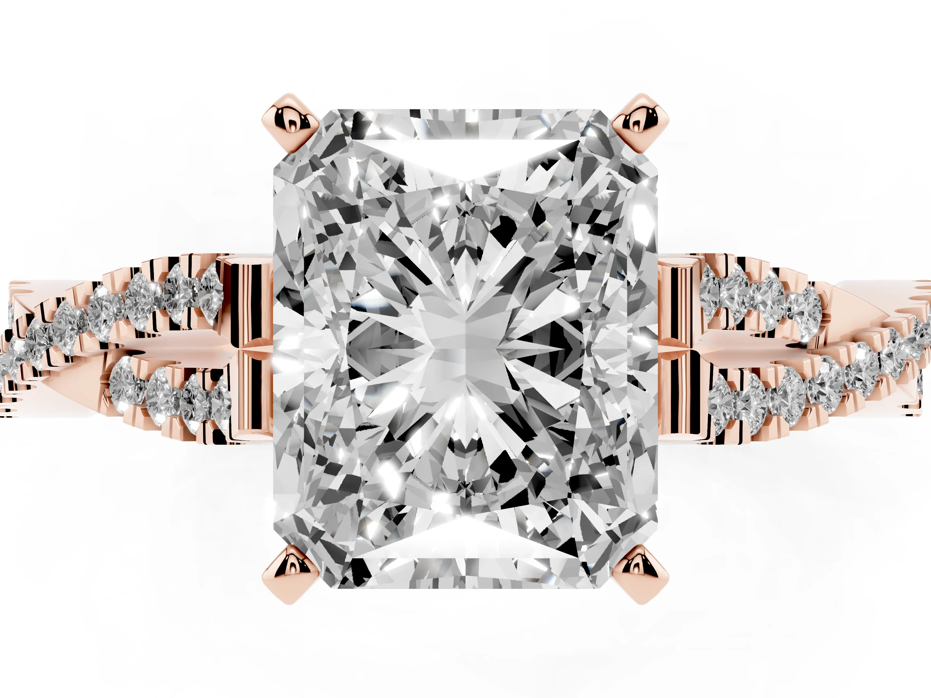 Radiant Cut Diamond Solitaire Engagement Ring Set in Rose gold with Twisted Pavé Band and Prong Setting