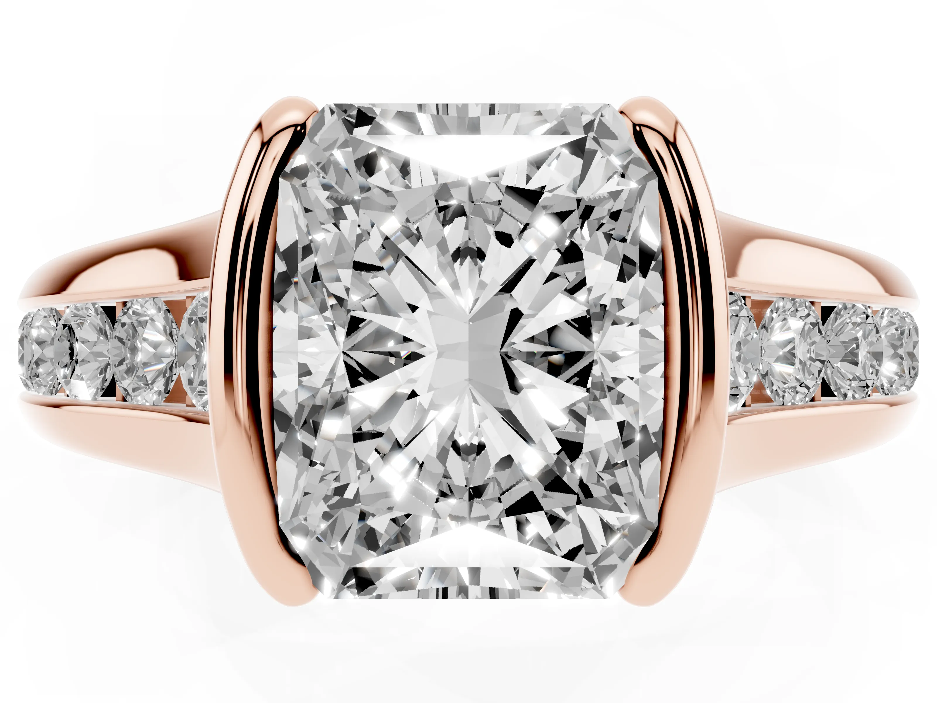 Radiant Cut Diamond Bezel-Set Solitaire Ring Set in Rose gold with Channel-Set Band