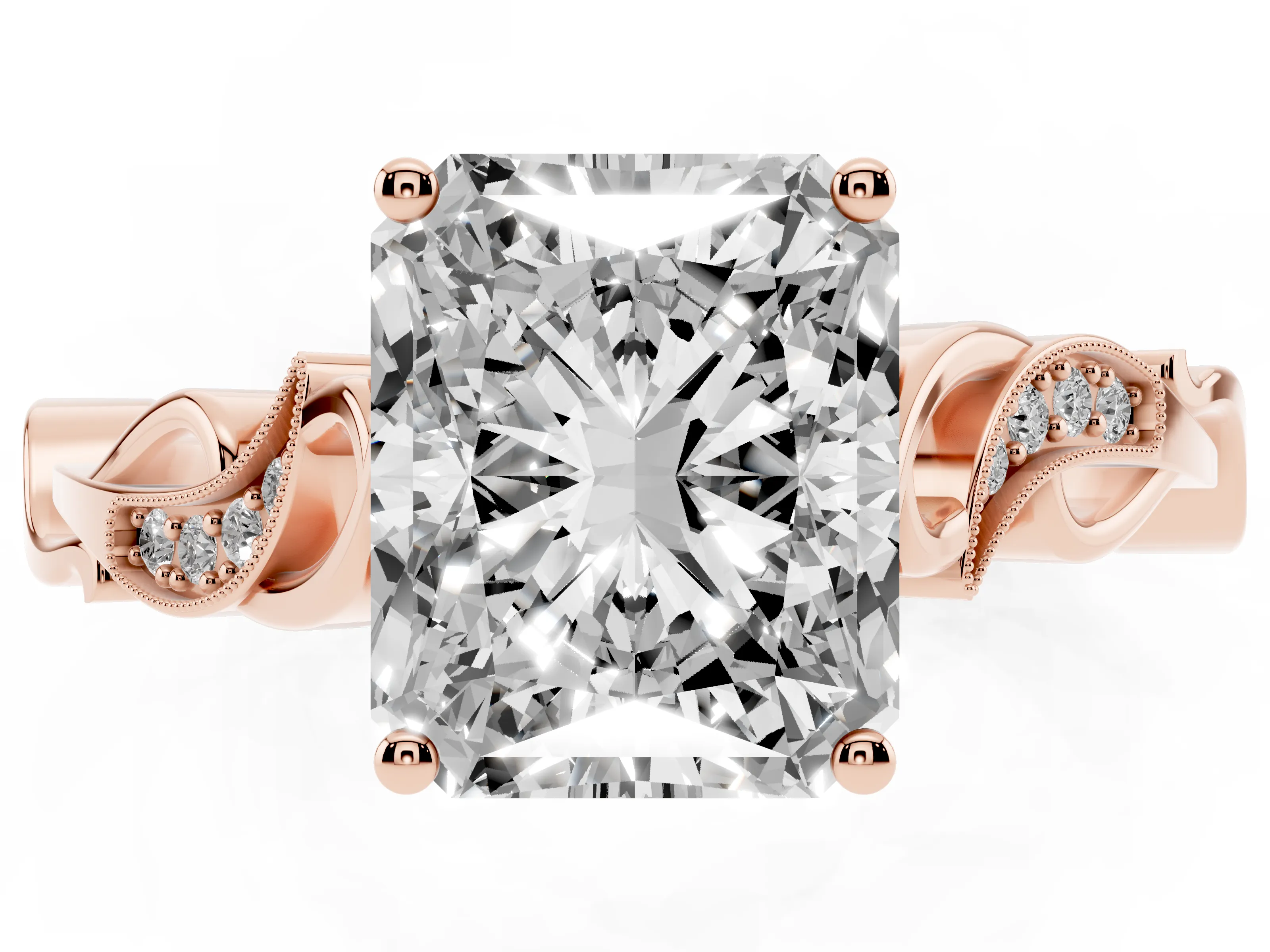 Radiant Cut Diamond Vine Band Solitaire Ring Set in Rose gold with Milgrain Prong Setting