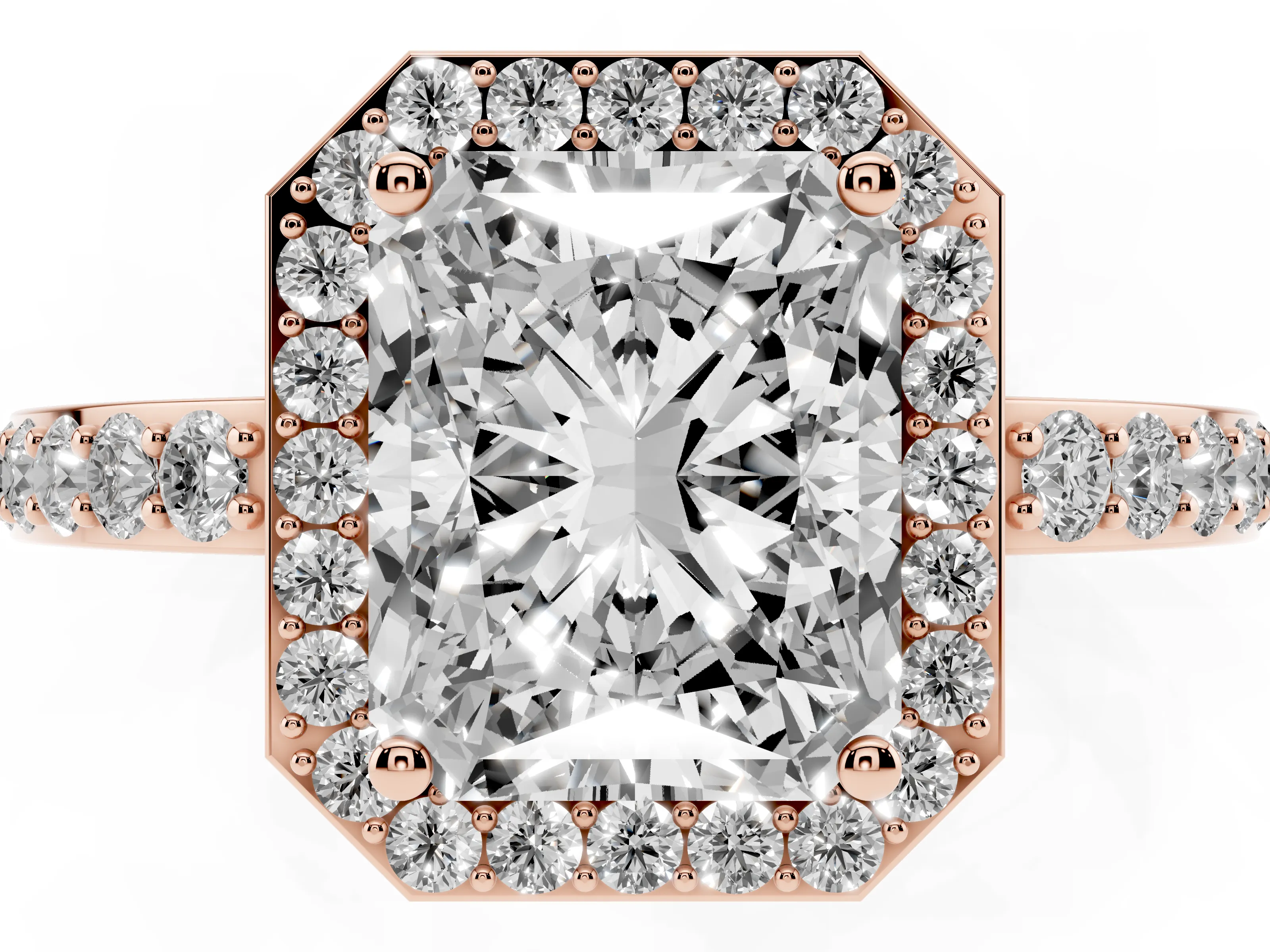 Radiant Cut Diamond Halo Ring Set in Rose gold with Pavé-Setting Band and Open Prong Center